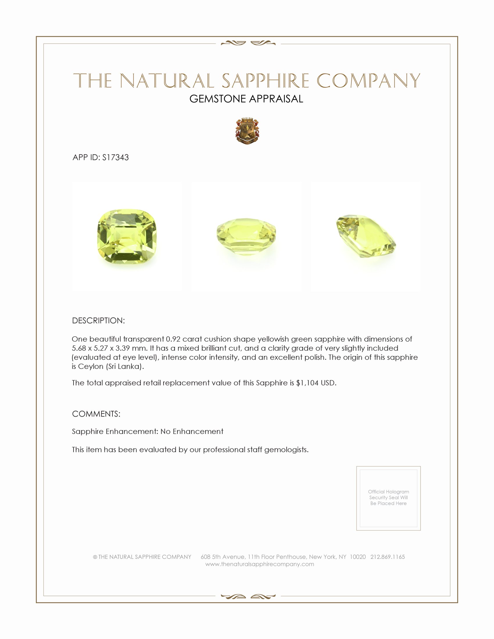 0.92 Ct. Yellowish Green Sapphire from Ceylon (Sri Lanka)