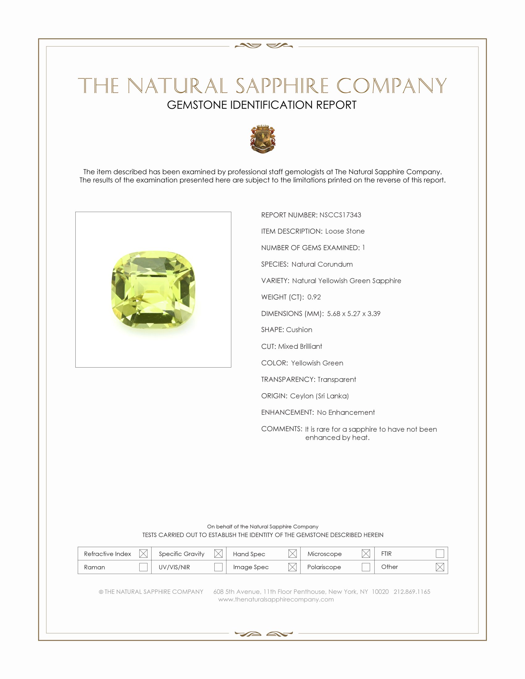 0.92 Ct. Yellowish Green Sapphire from Ceylon (Sri Lanka)
