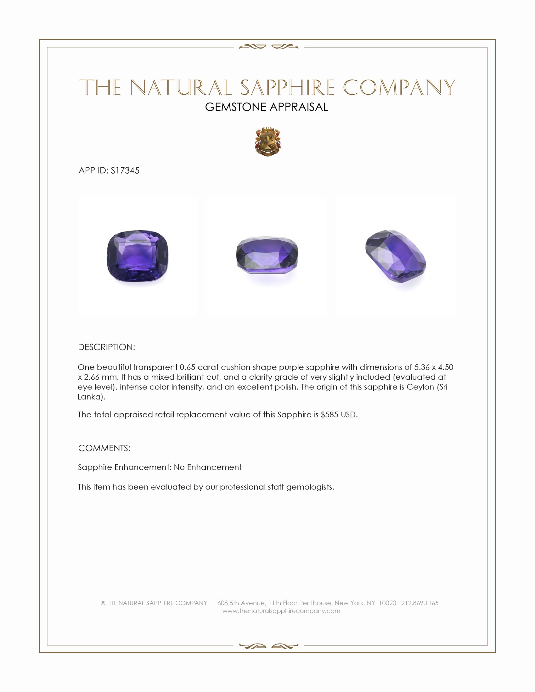 0.65 Ct. Purple Sapphire from Ceylon (Sri Lanka)