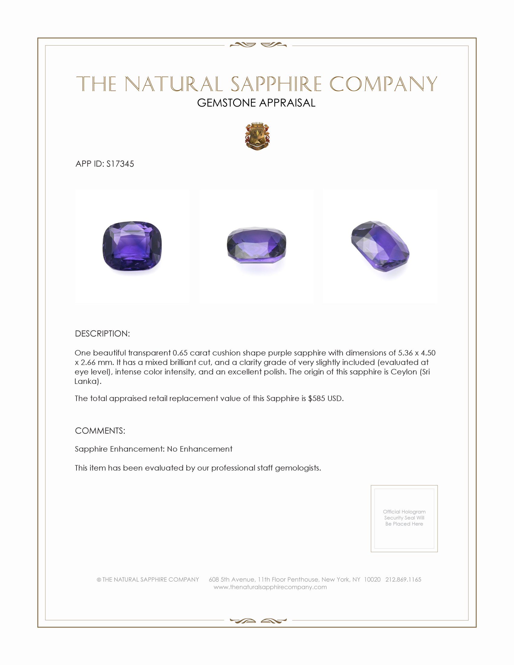 0.65 Ct. Purple Sapphire from Ceylon (Sri Lanka)