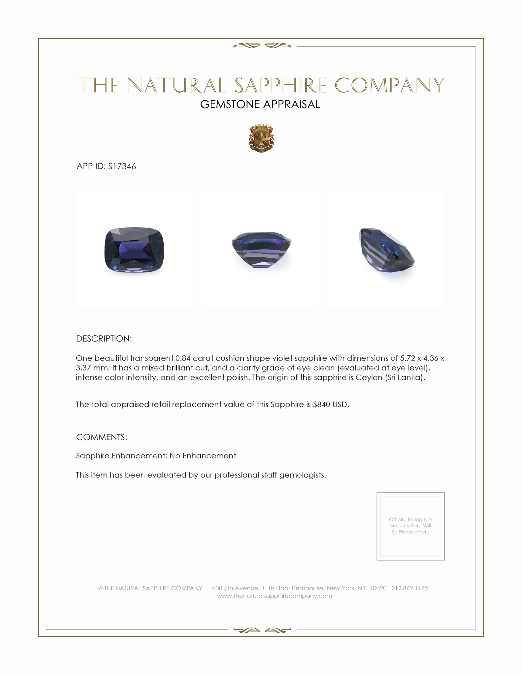 0.84 Ct. Violet Sapphire from Ceylon (Sri Lanka)