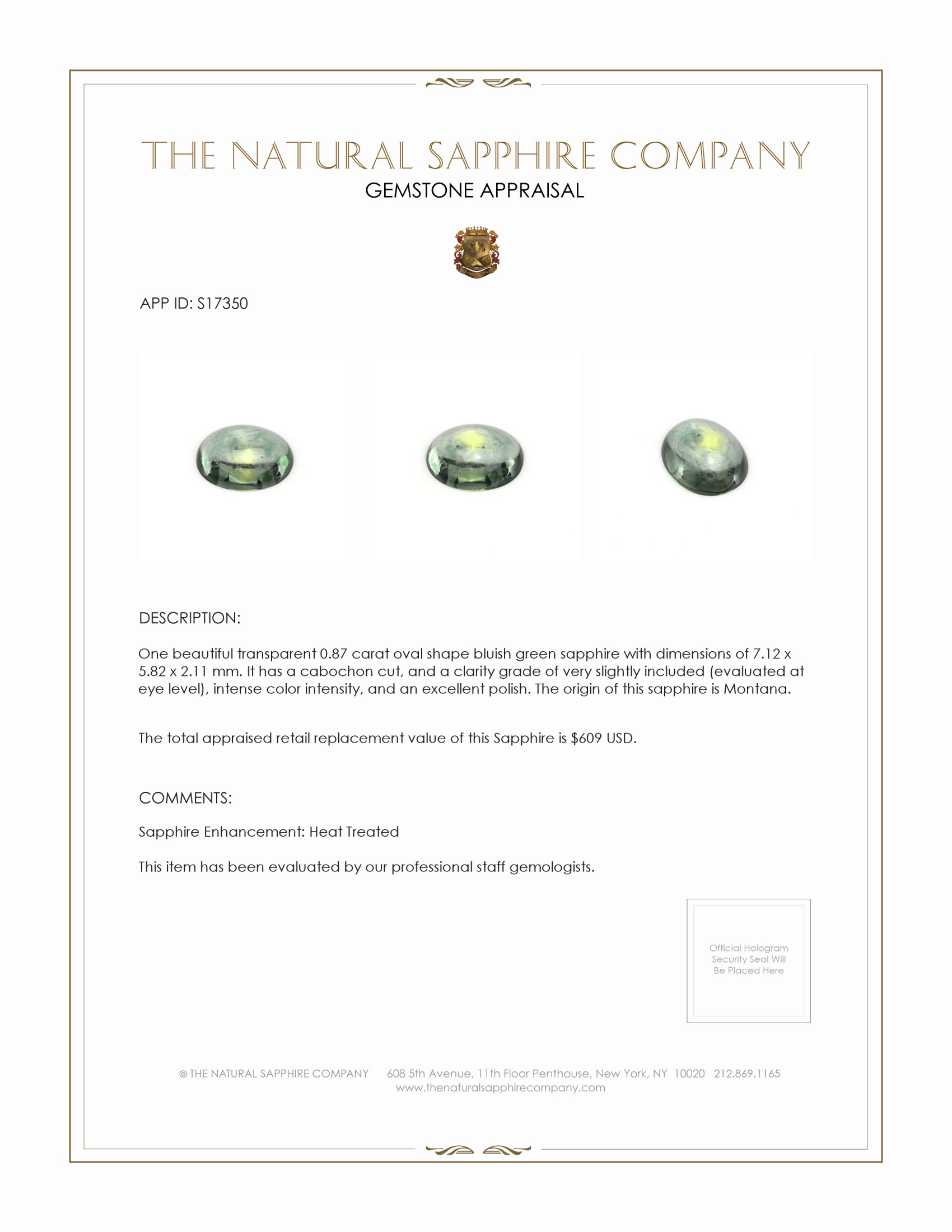 0.87 Ct. Bluish Green Cabochon Sapphire from Montana