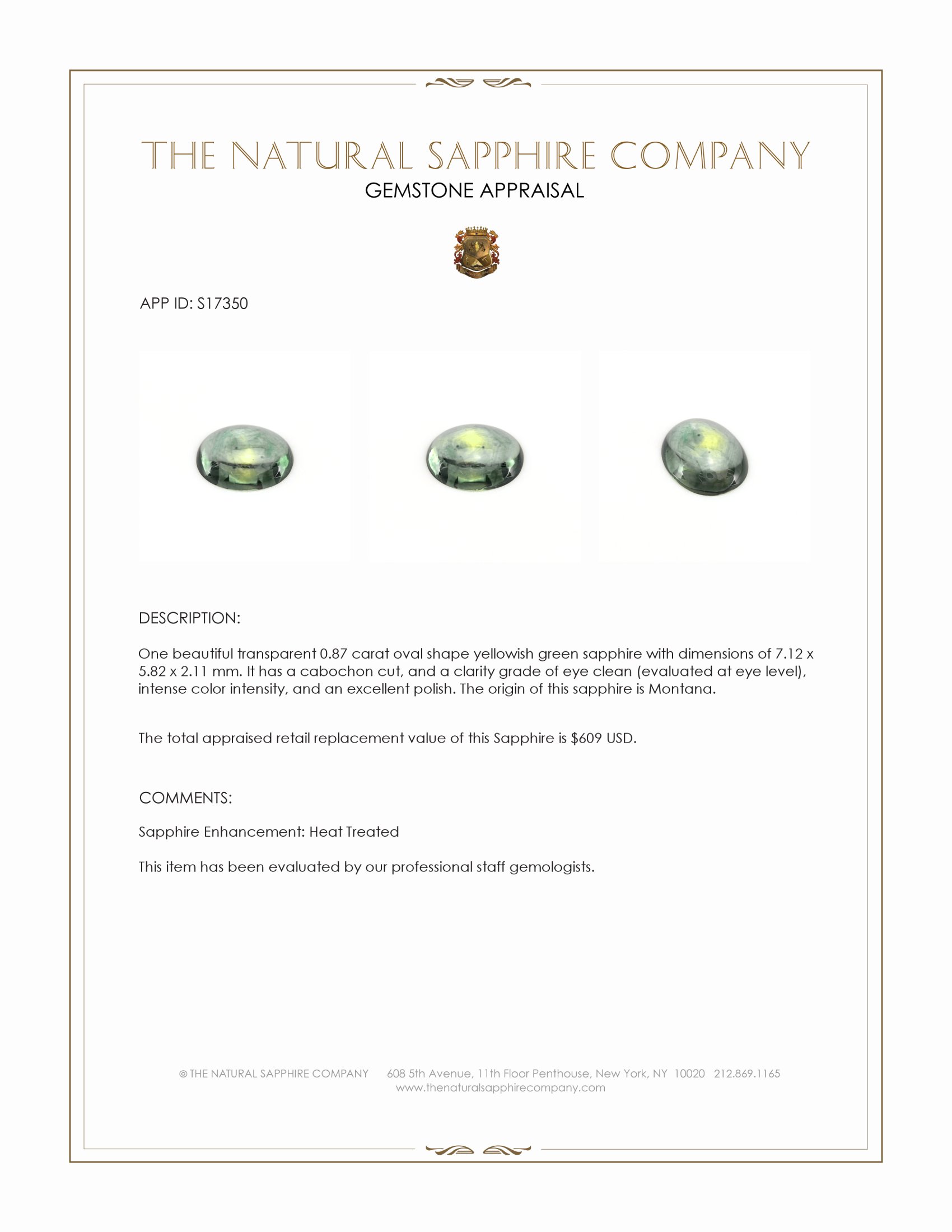 0.87 Ct. Yellowish Green Cabochon Sapphire from Montana