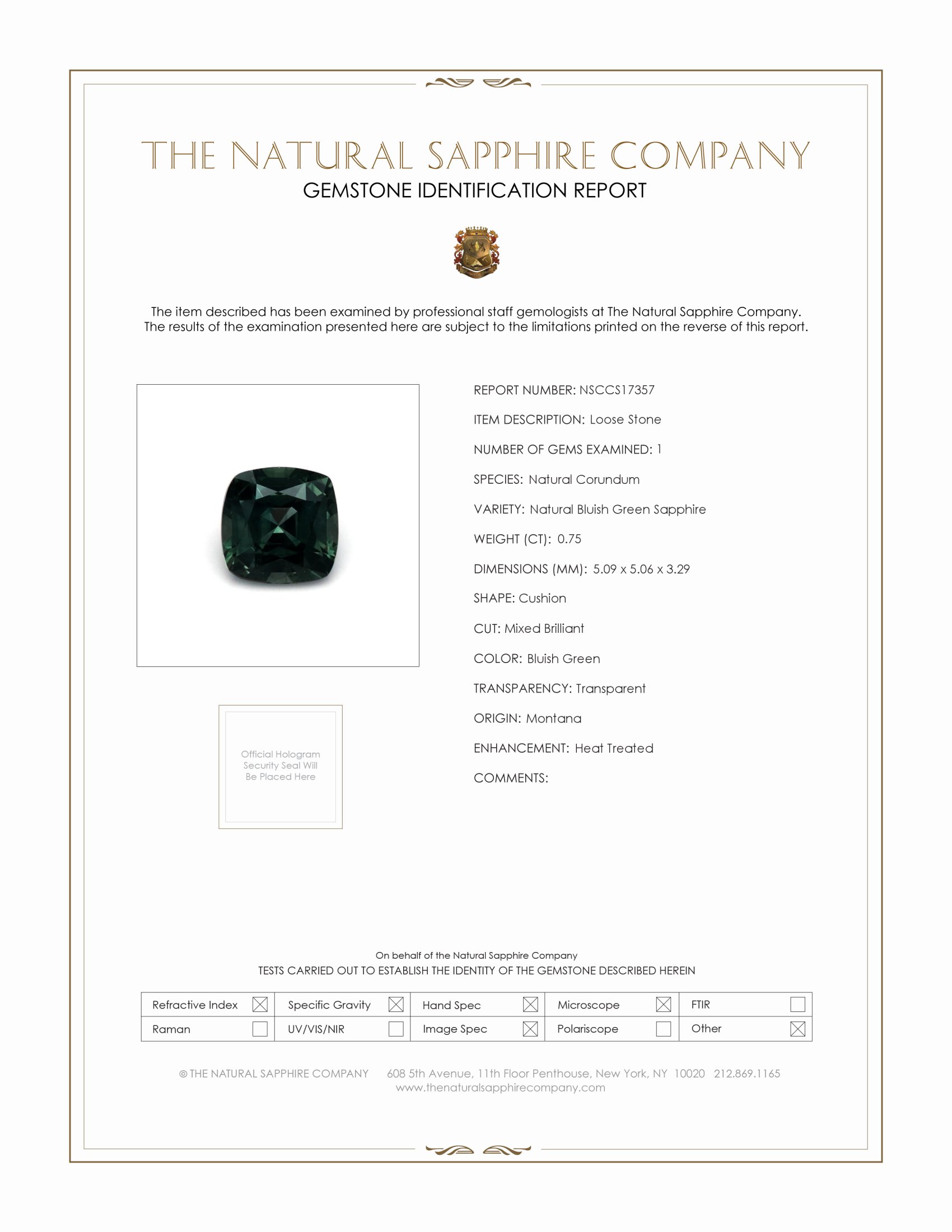 0.75 Ct. Bluish Green Sapphire from Montana