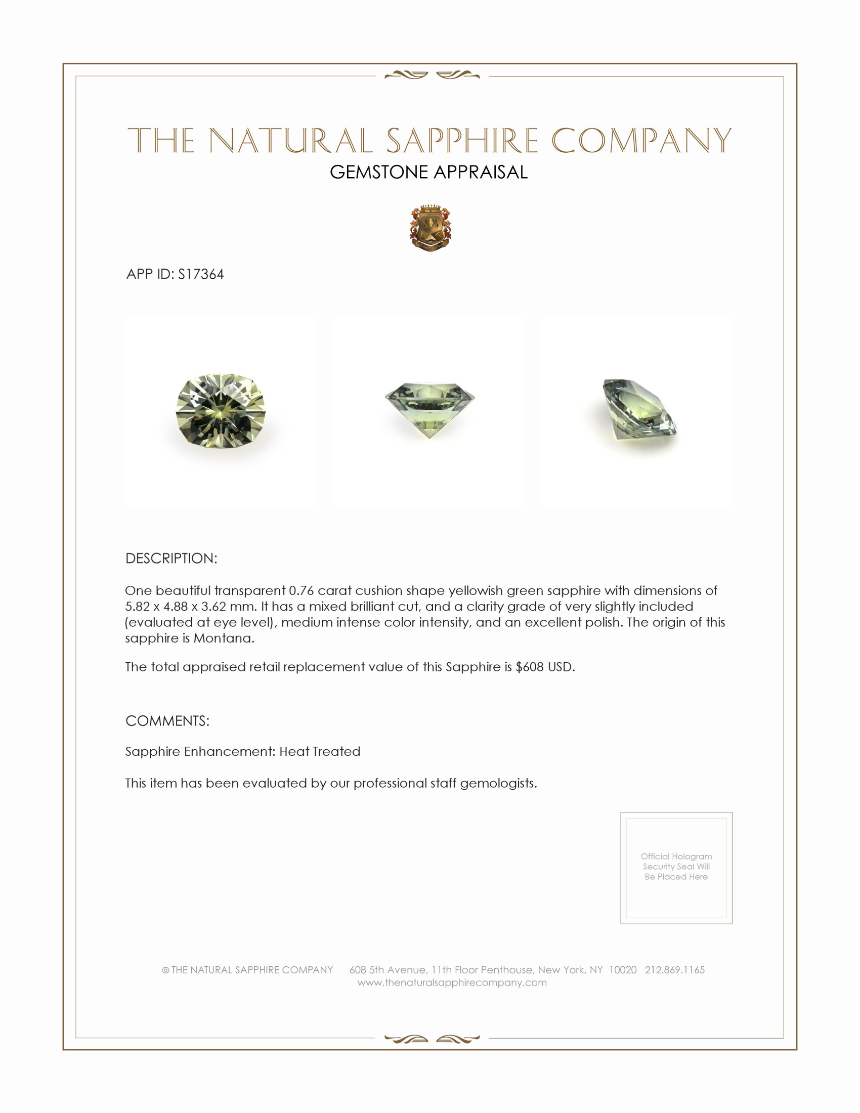 0.76 Ct. Yellowish Green Sapphire from Montana