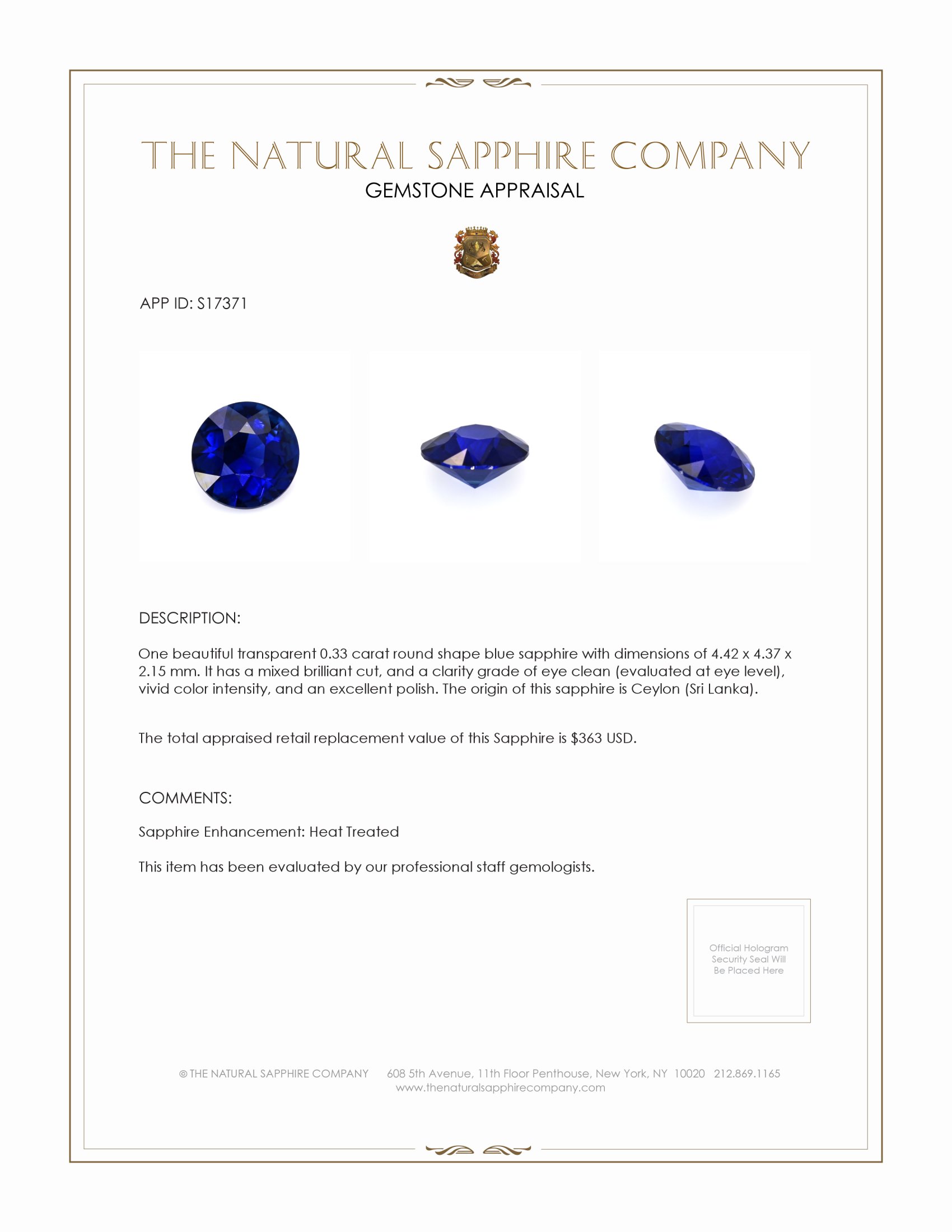 0.33 Ct. Blue Sapphire from Ceylon (Sri Lanka)