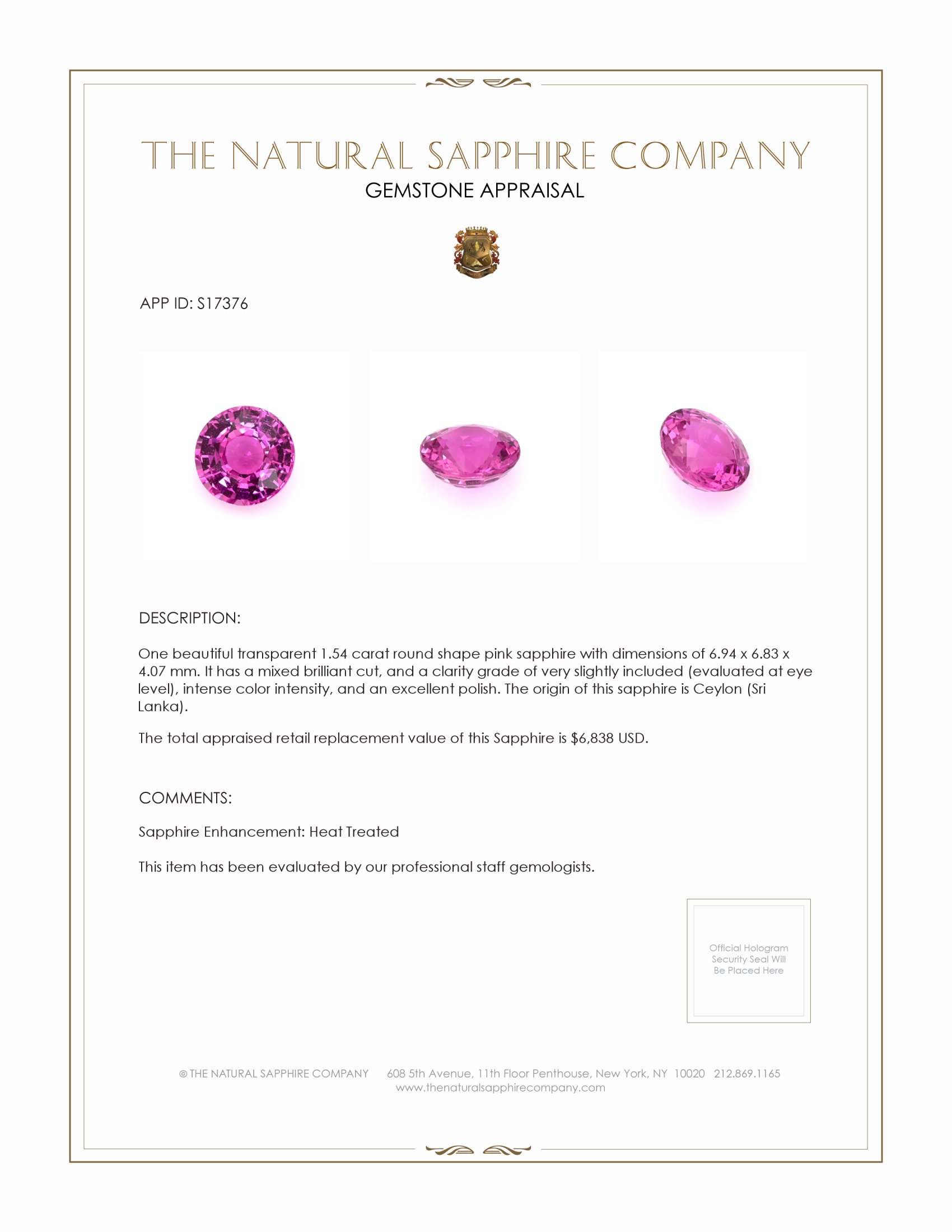 1.54 Ct. Pink Sapphire from Ceylon (Sri Lanka)