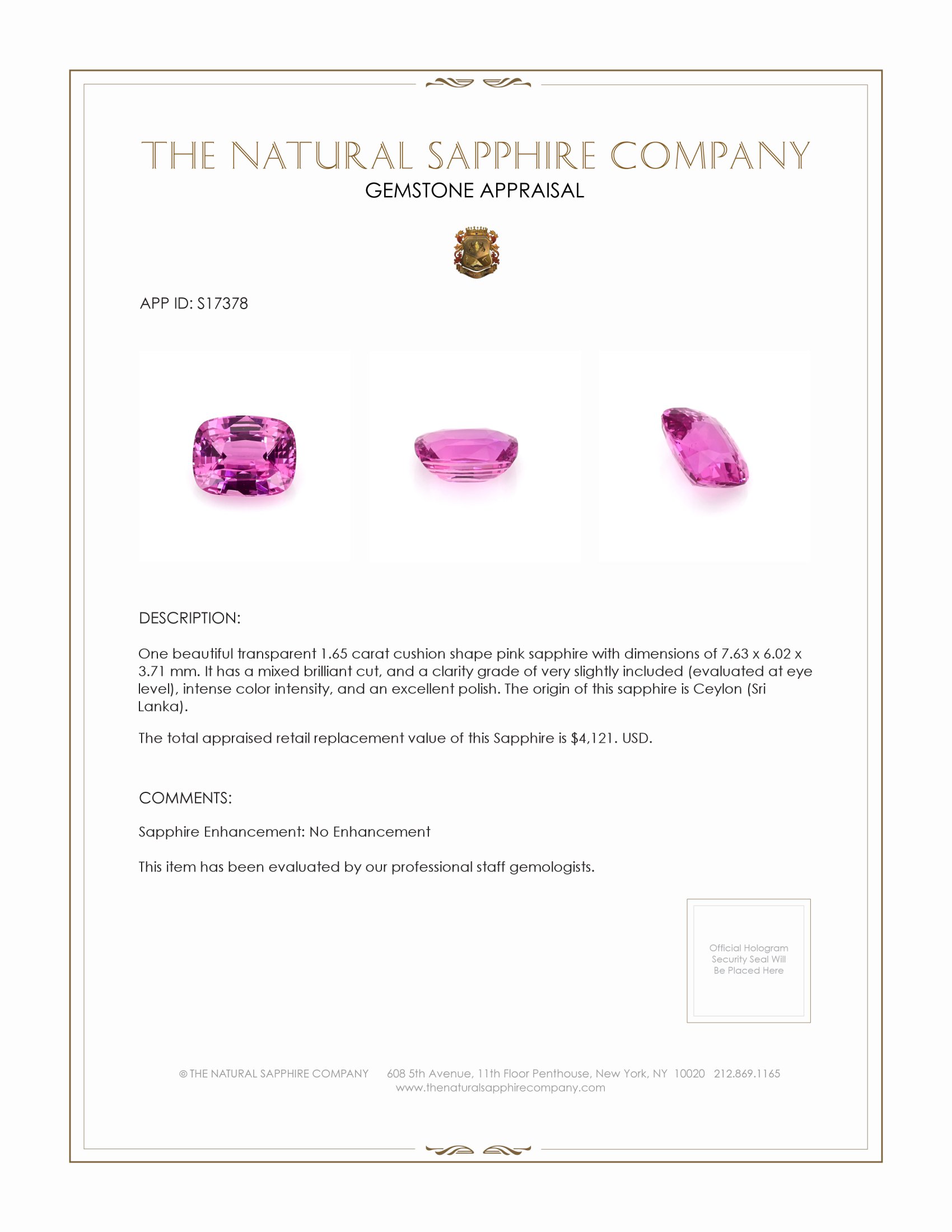 1.65 Ct. Pink Sapphire from Ceylon (Sri Lanka)
