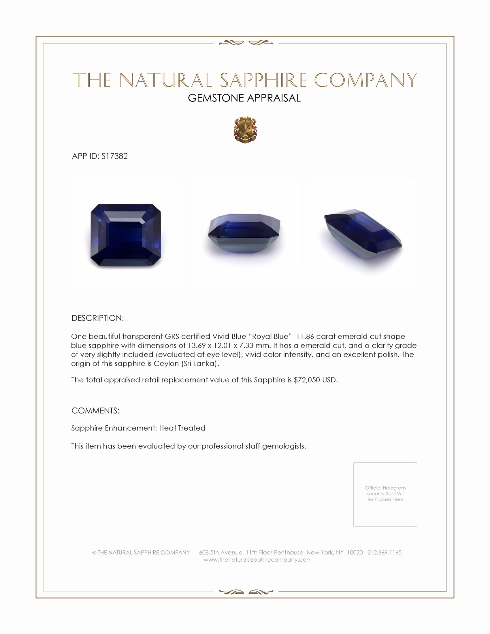 11.86 Ct. Blue Sapphire from Ceylon (Sri Lanka)