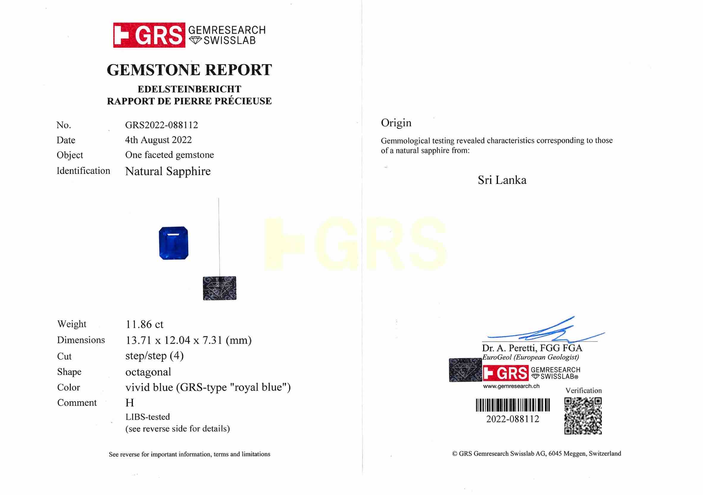 11.86 Ct. Blue Sapphire from Ceylon (Sri Lanka)