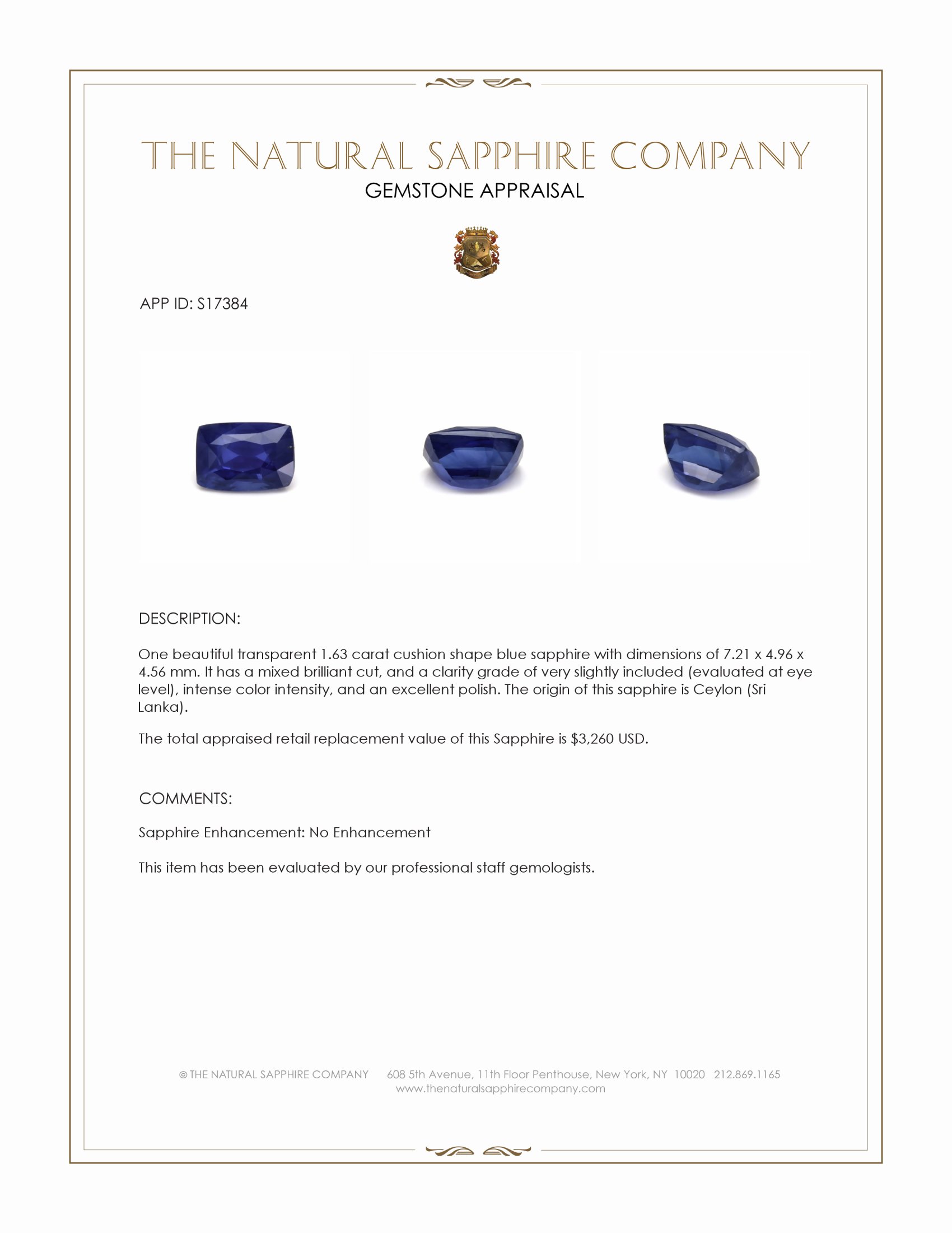 1.63 Ct. Blue Sapphire from Ceylon (Sri Lanka)