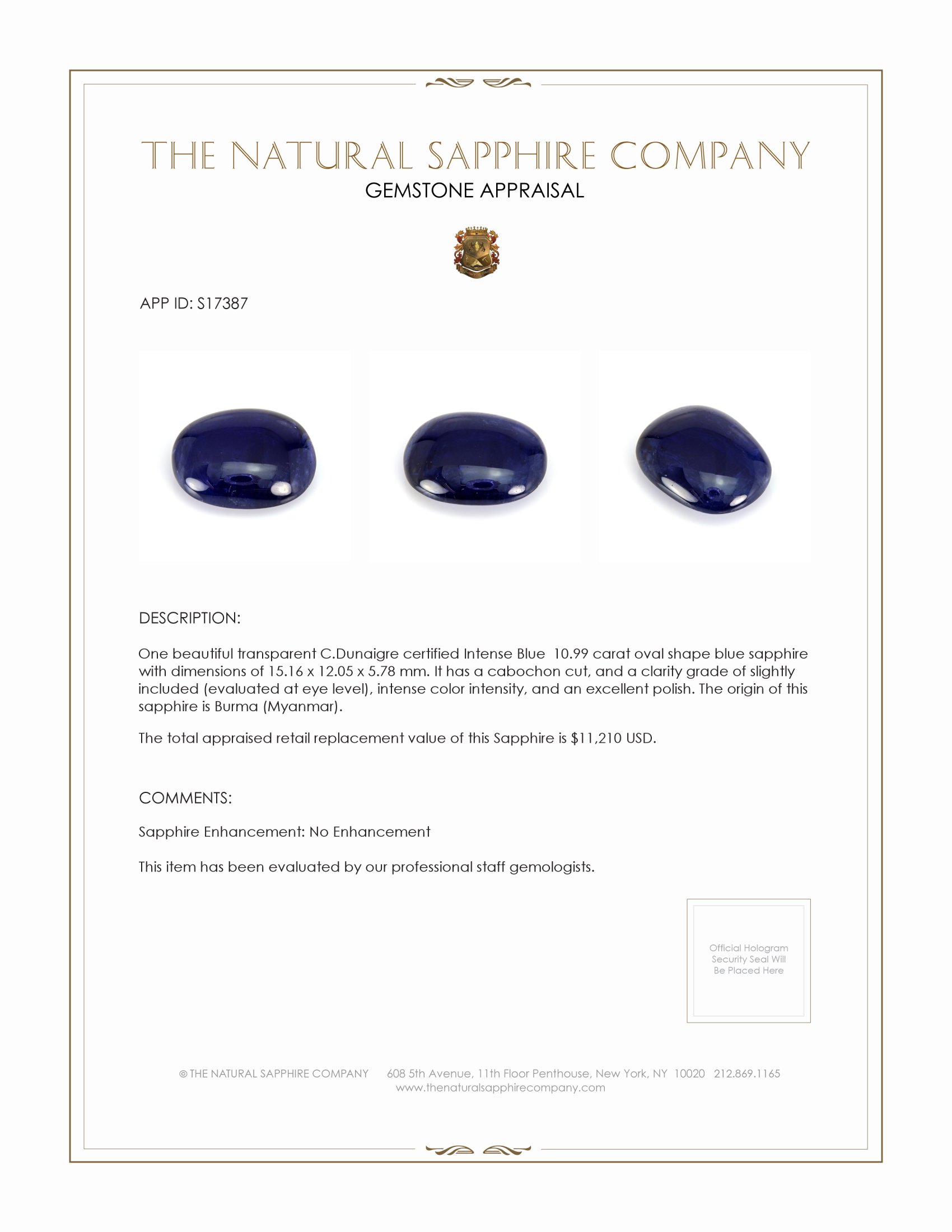 10.99 Ct. Blue Cabochon Sapphire from Burma (Myanmar)