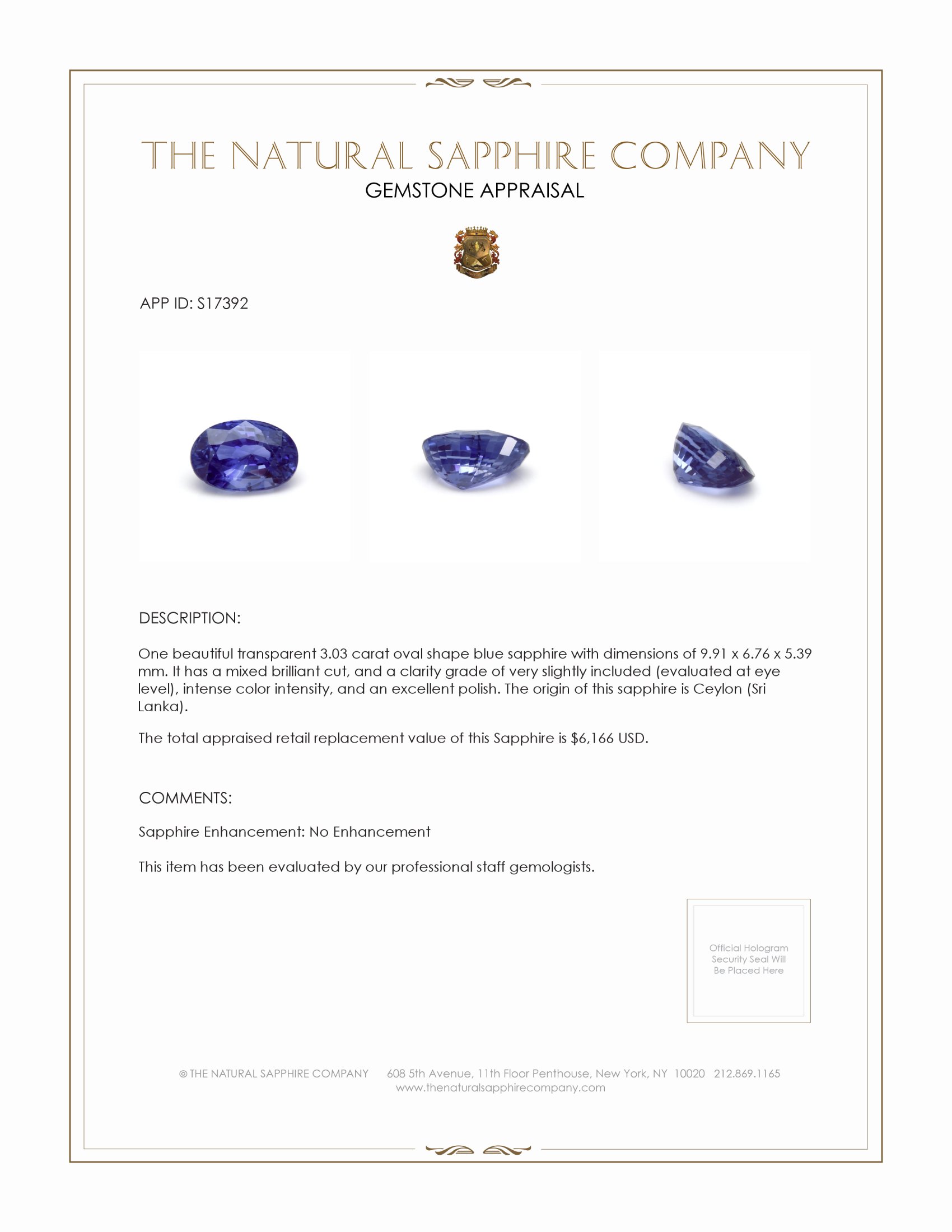 3.03 Ct. Blue Sapphire from Ceylon (Sri Lanka)