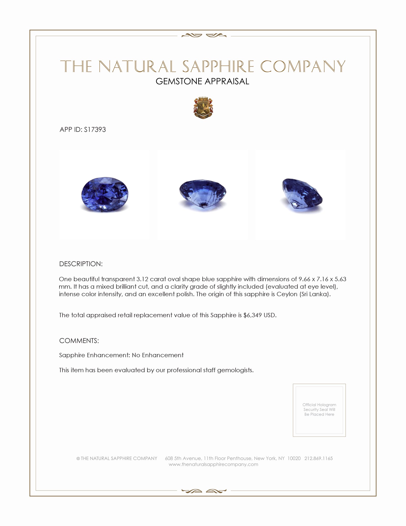 3.12 Ct. Blue Sapphire from Ceylon (Sri Lanka)