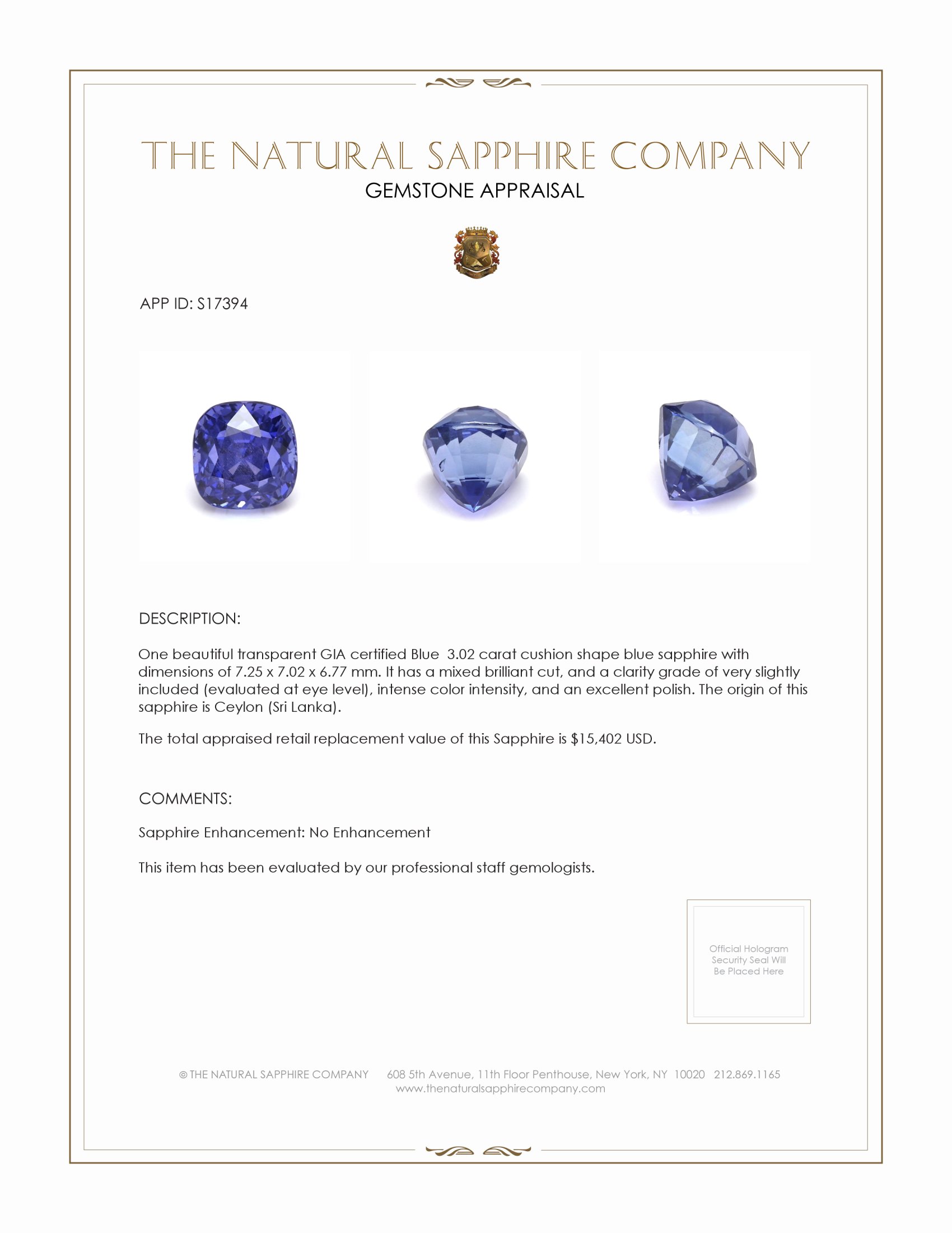3.02 Ct. Blue Sapphire from Ceylon (Sri Lanka)