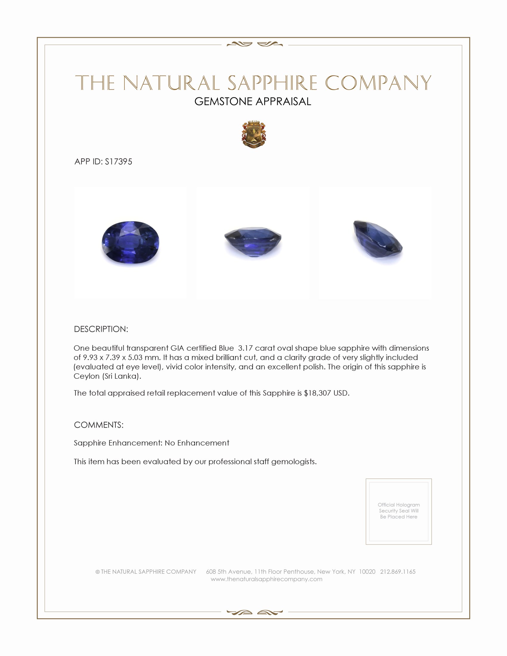 3.17 Ct. Blue Sapphire from Ceylon (Sri Lanka)