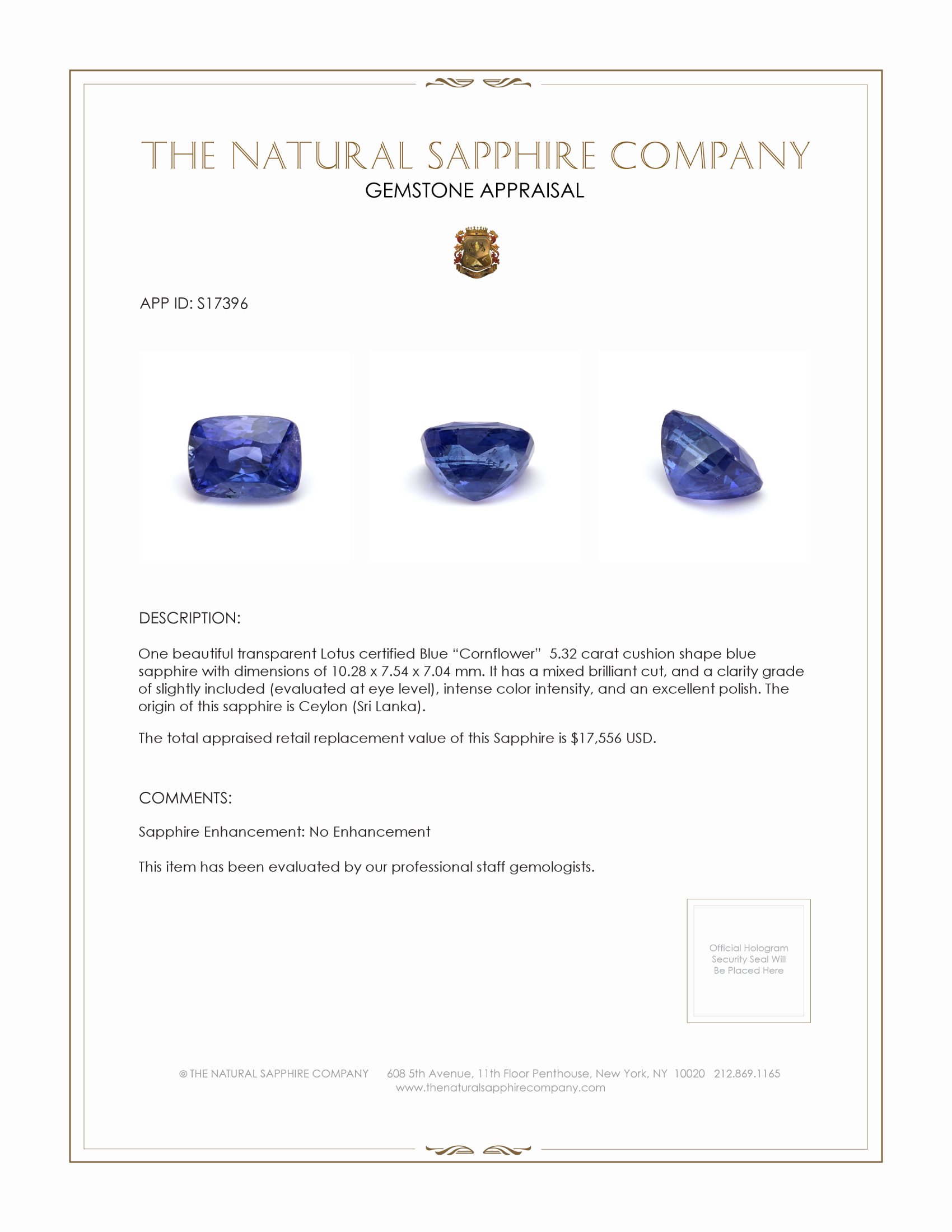 5.32 Ct. Blue Sapphire from Ceylon (Sri Lanka)