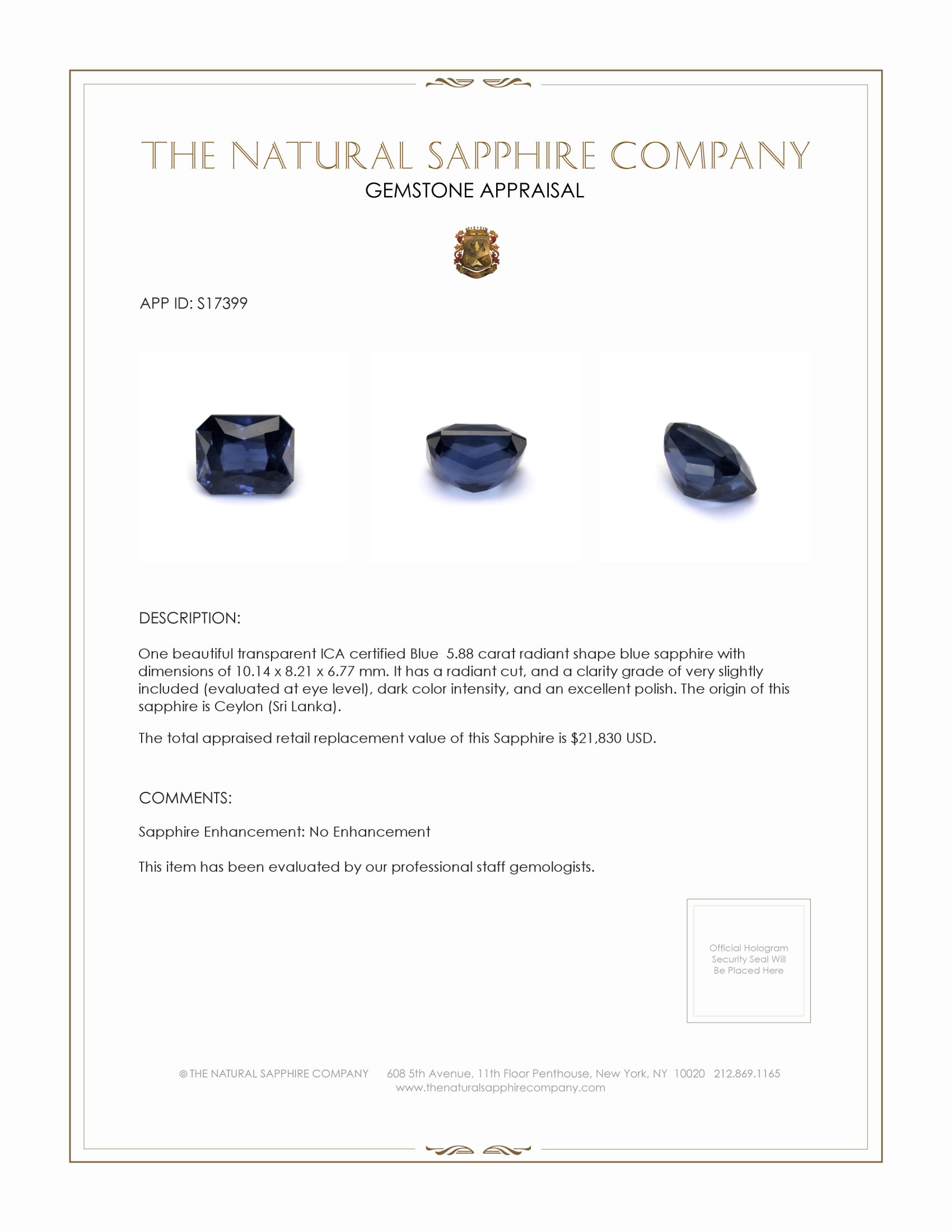 5.88 Ct. Blue Sapphire from Ceylon (Sri Lanka)