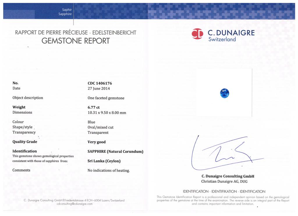 6.77 Ct. Blue Sapphire from Ceylon (Sri Lanka)