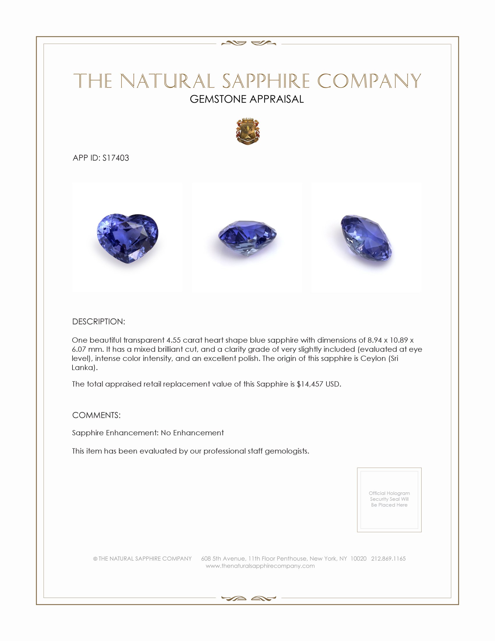 4.55 Ct. Blue Sapphire from Ceylon (Sri Lanka)
