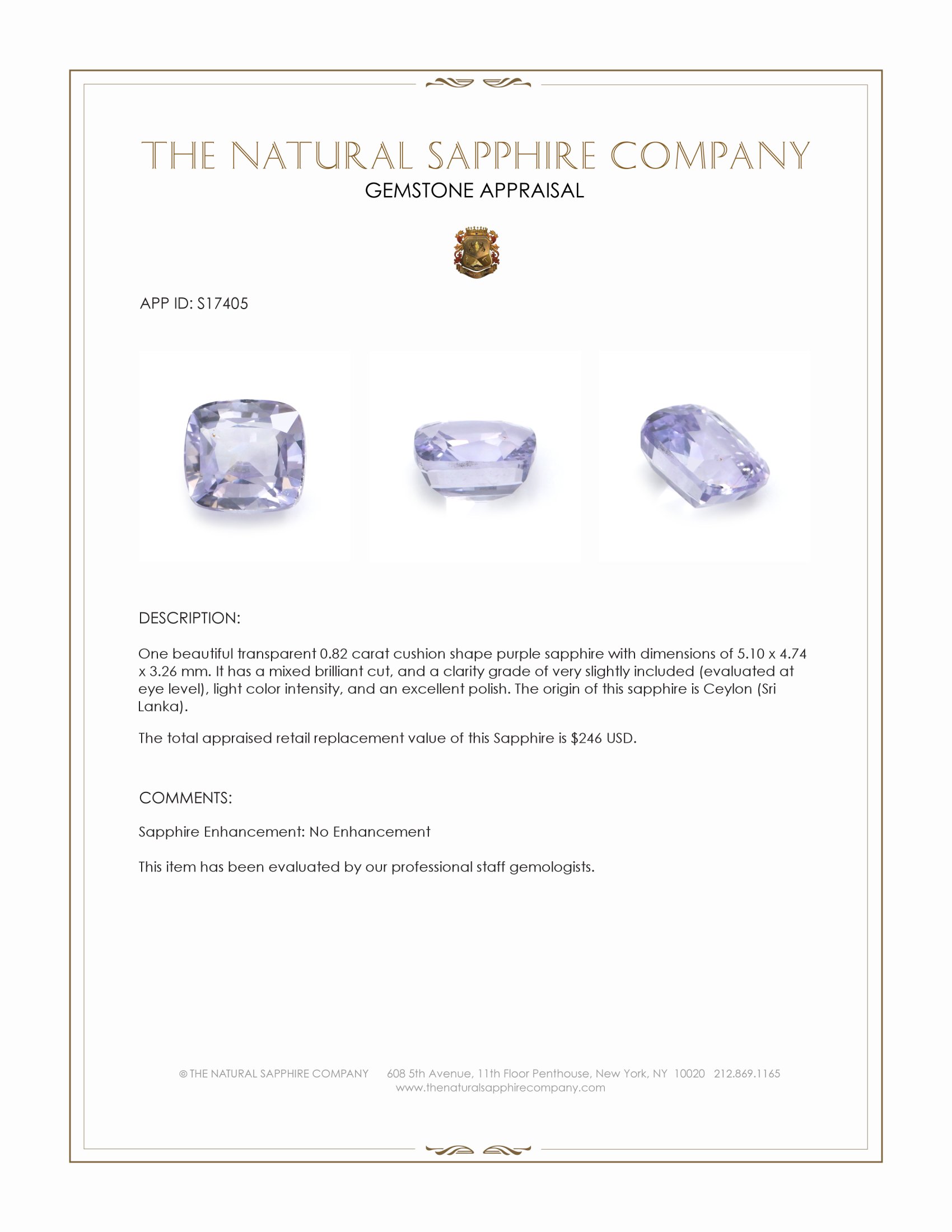 0.82 Ct. Purple Sapphire from Ceylon (Sri Lanka)