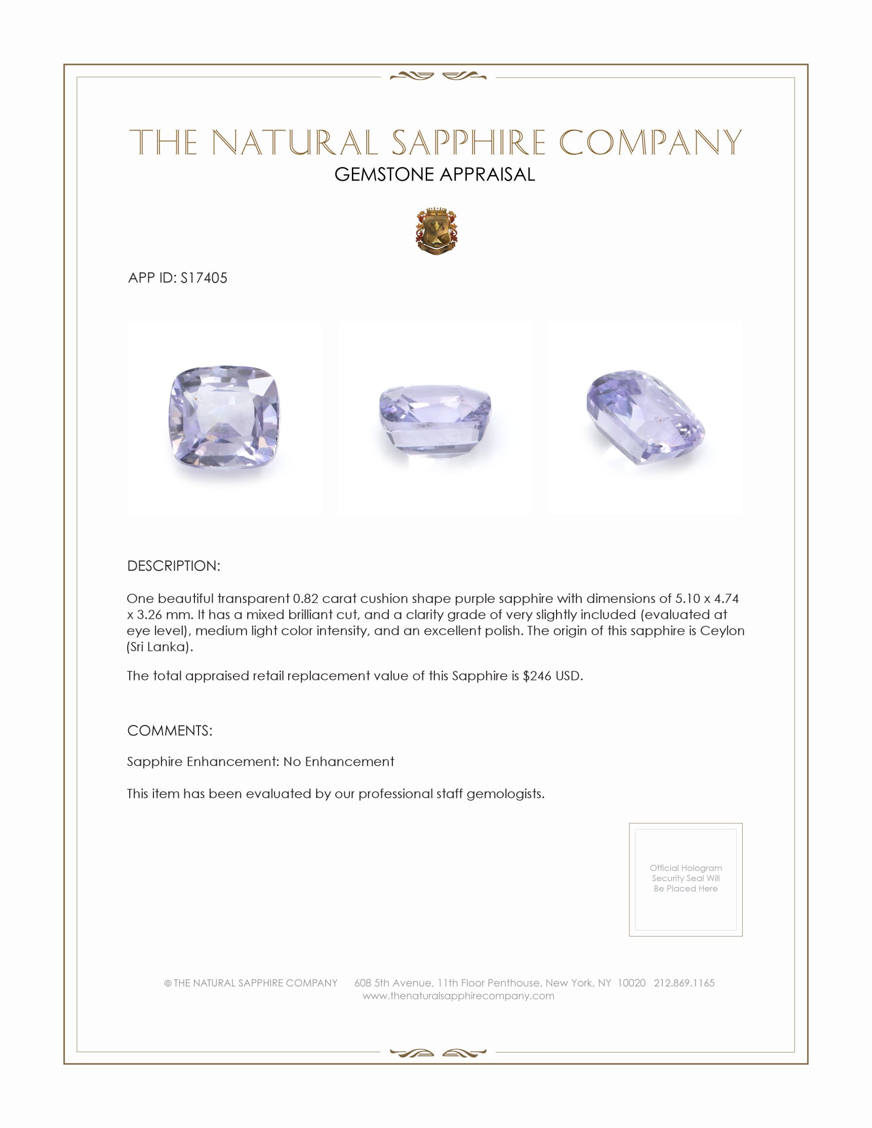 0.82 Ct. Purple Sapphire from Ceylon (Sri Lanka)