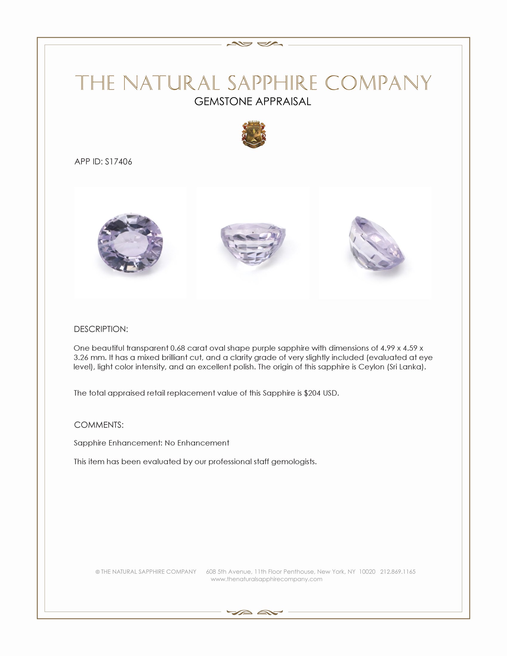 0.68 Ct. Purple Sapphire from Ceylon (Sri Lanka)