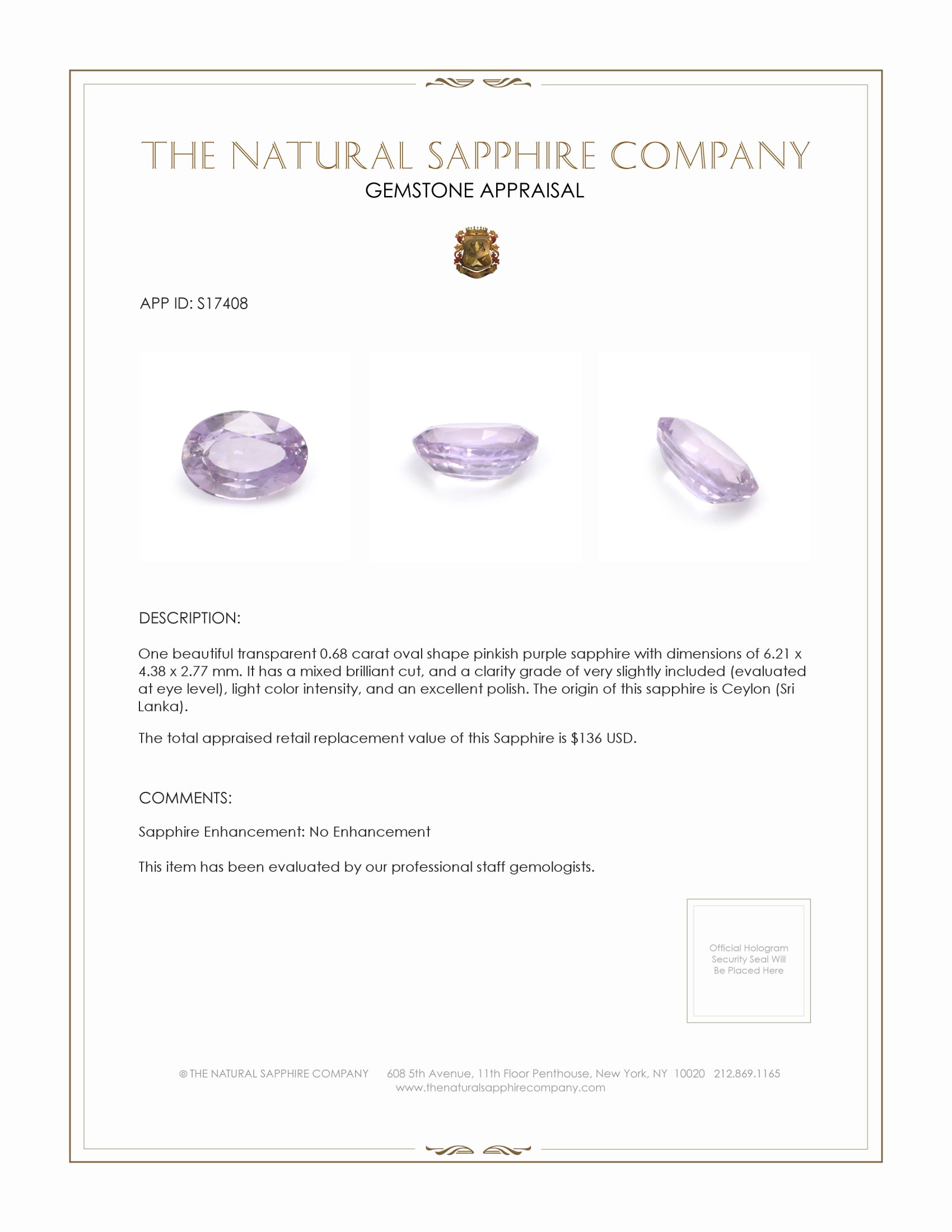 0.68 Ct. Pinkish Purple Sapphire from Ceylon (Sri Lanka)