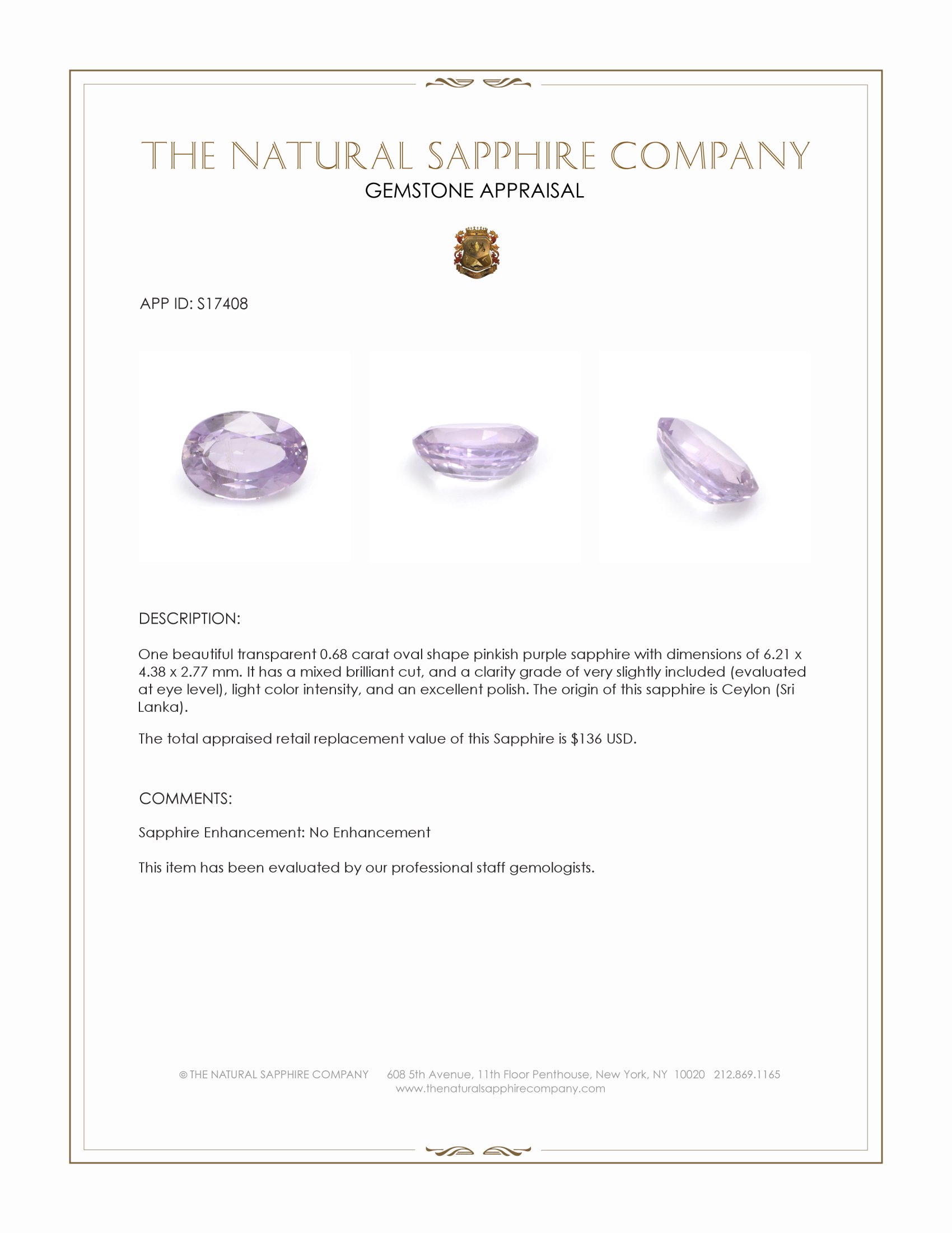 0.68 Ct. Pinkish Purple Sapphire from Ceylon (Sri Lanka)