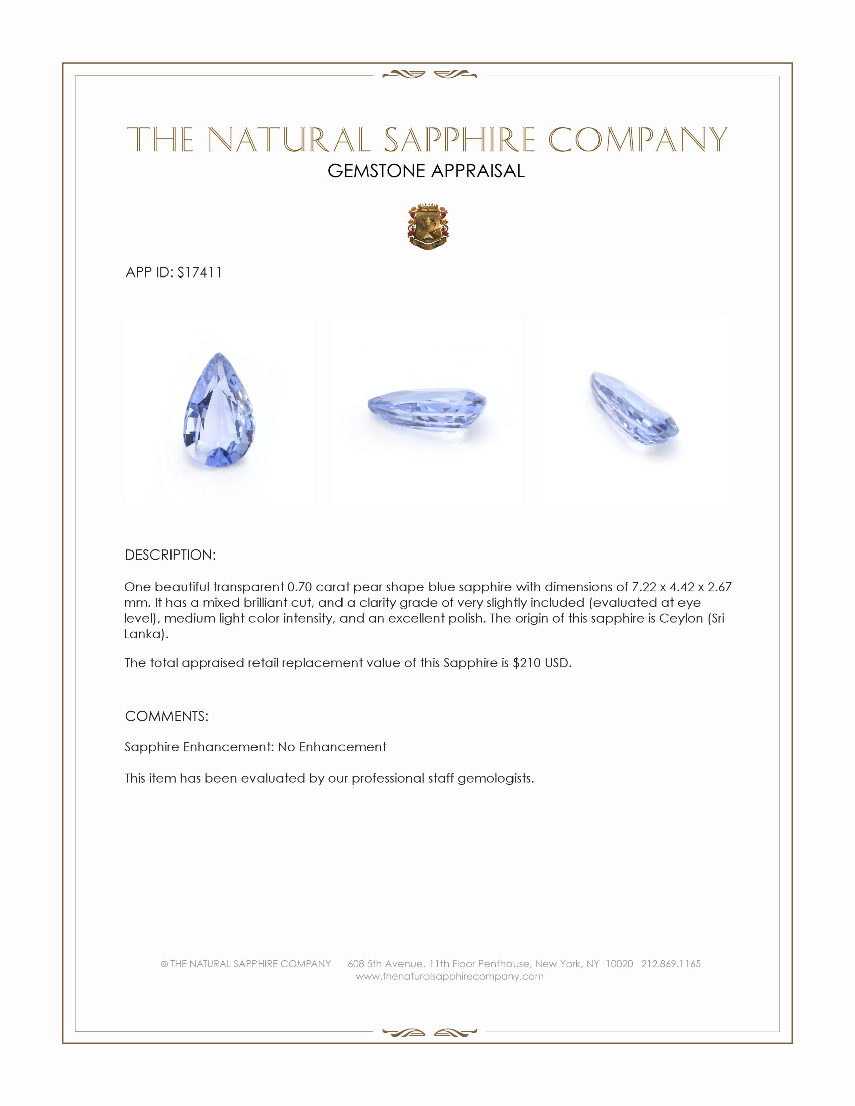 0.70 Ct. Blue Sapphire from Ceylon (Sri Lanka)