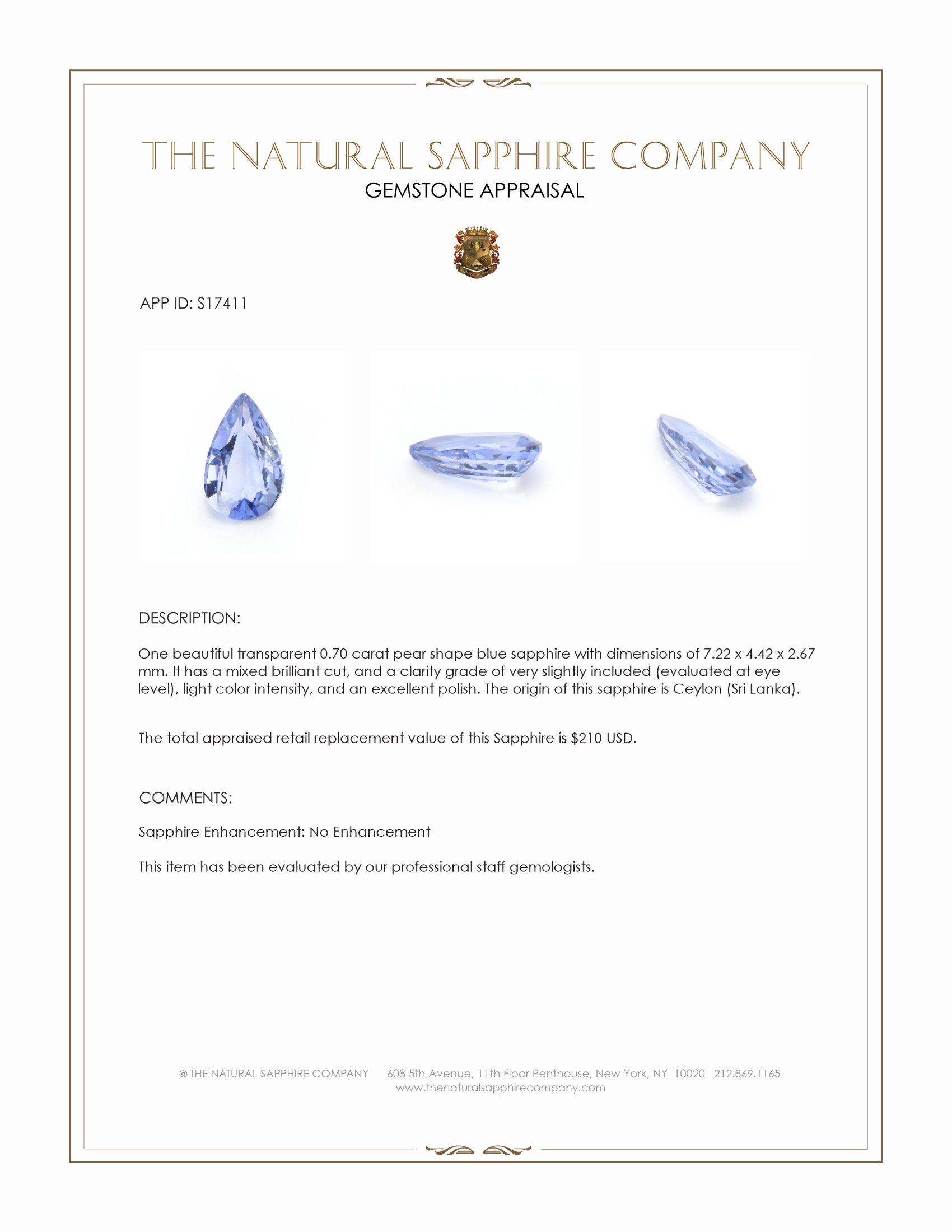 0.70 Ct. Blue Sapphire from Ceylon (Sri Lanka)