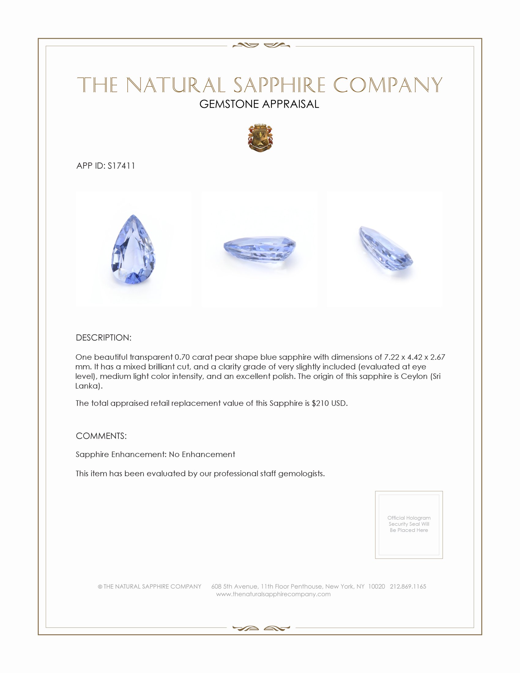 0.70 Ct. Blue Sapphire from Ceylon (Sri Lanka)