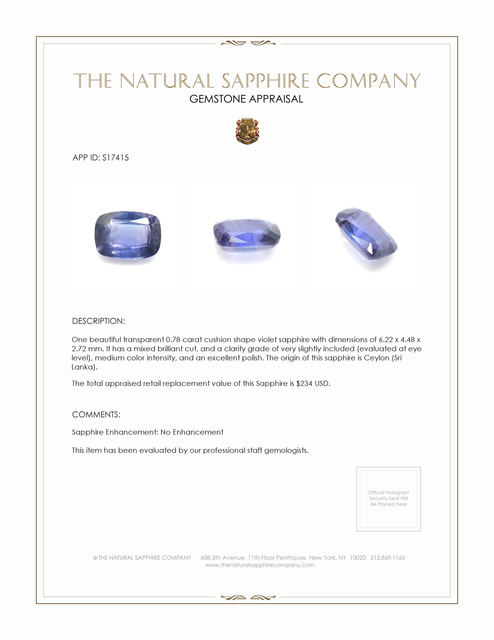 0.78 Ct. Violet Sapphire from Ceylon (Sri Lanka)