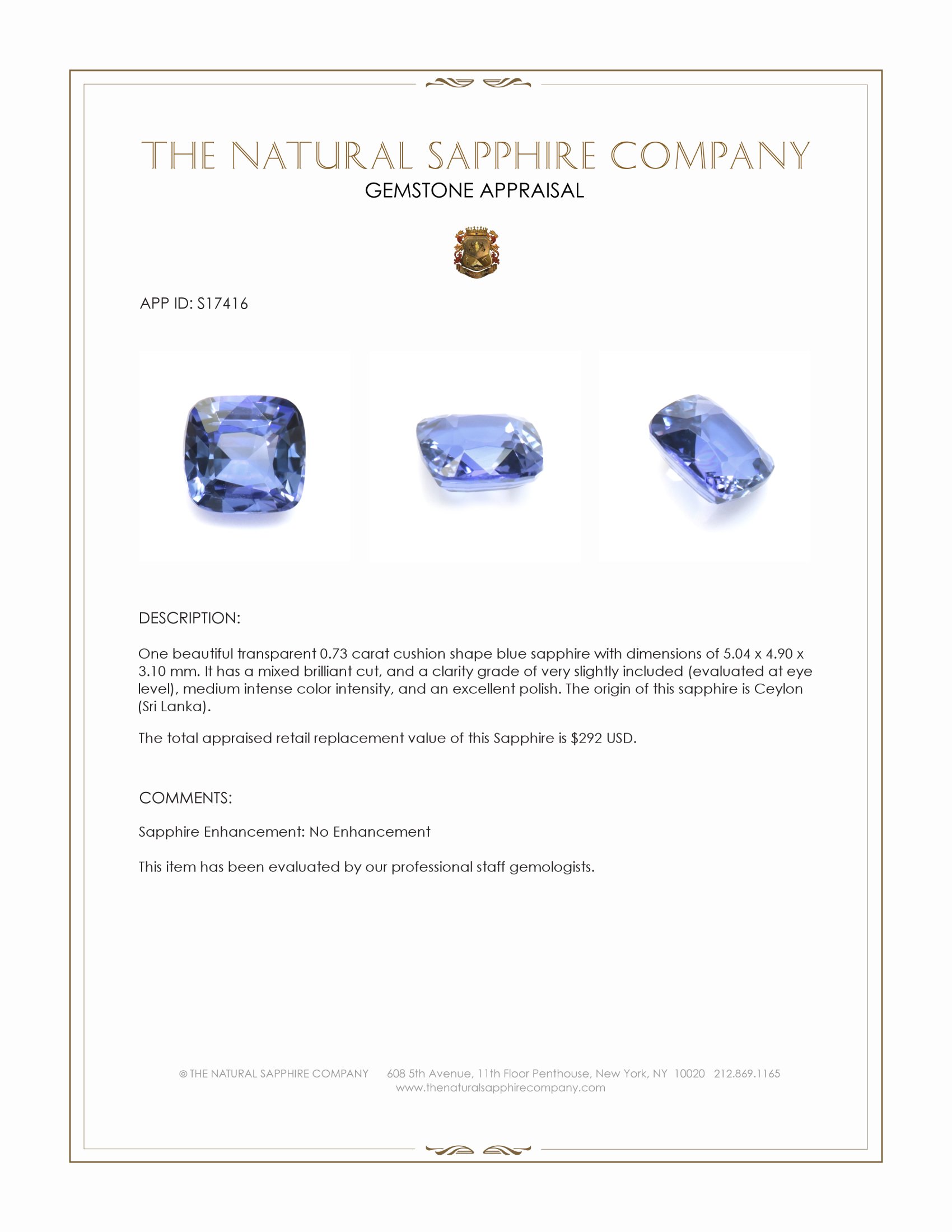 0.73 Ct. Blue Sapphire from Ceylon (Sri Lanka)