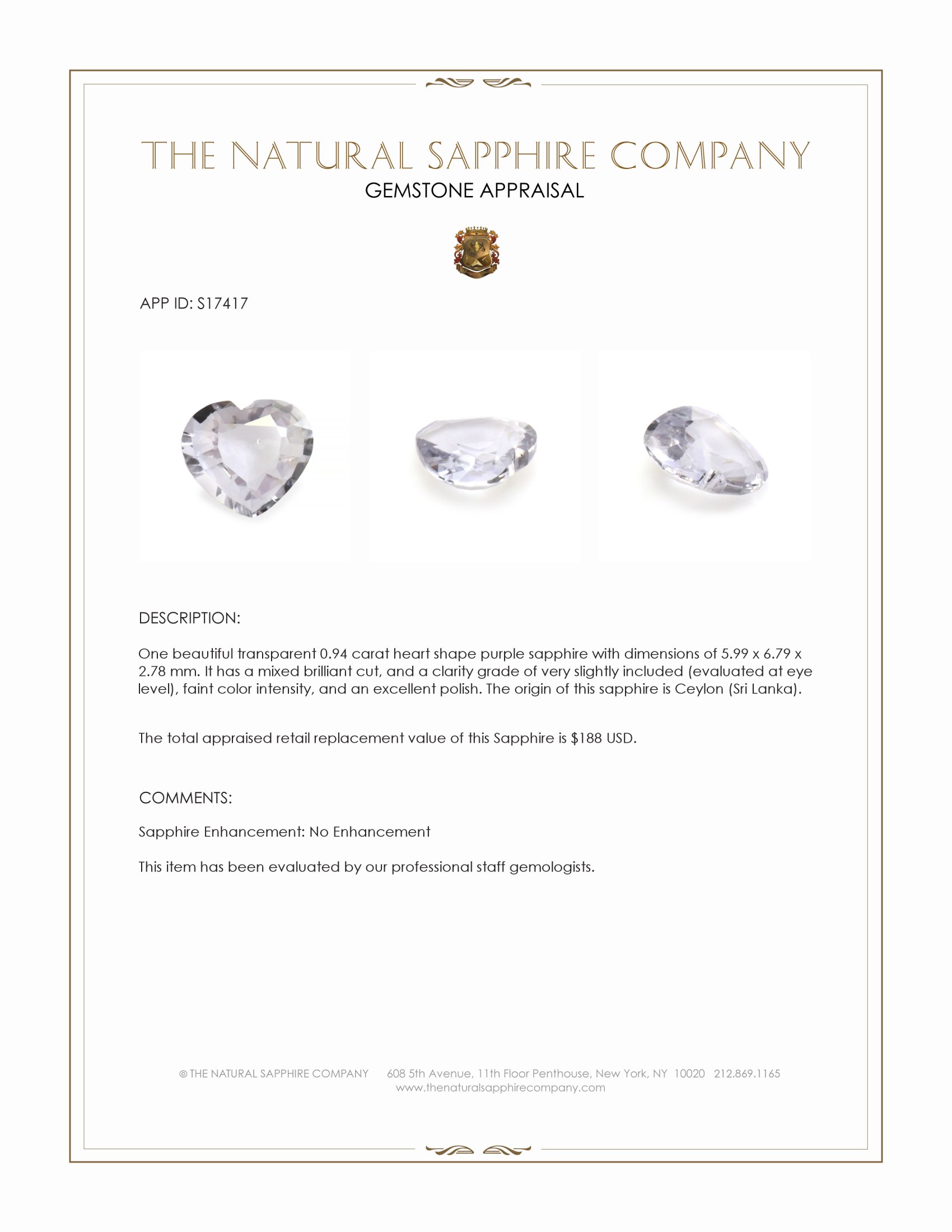 0.94 Ct. Purple Sapphire from Ceylon (Sri Lanka)