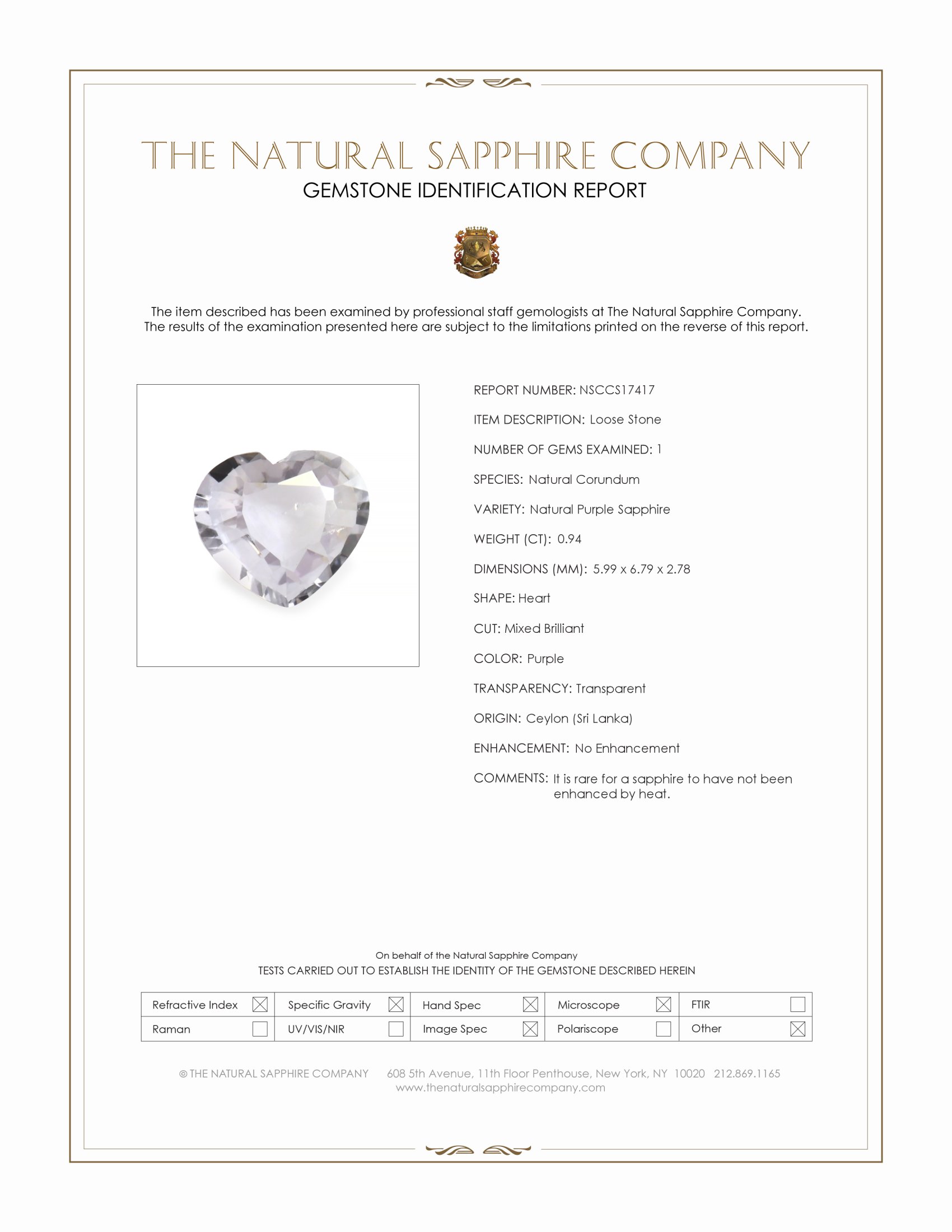 0.94 Ct. Purple Sapphire from Ceylon (Sri Lanka)