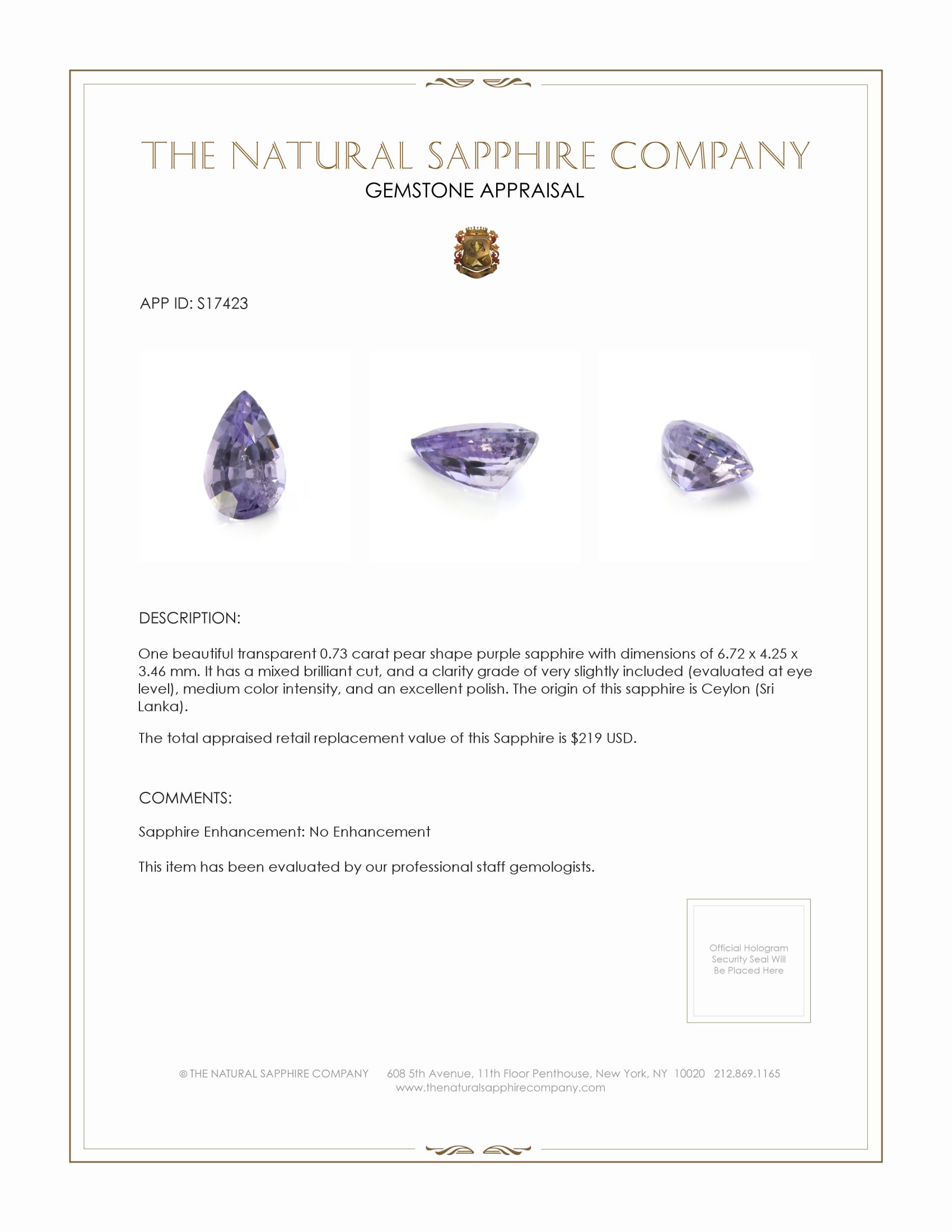 0.73 Ct. Purple Sapphire from Ceylon (Sri Lanka)