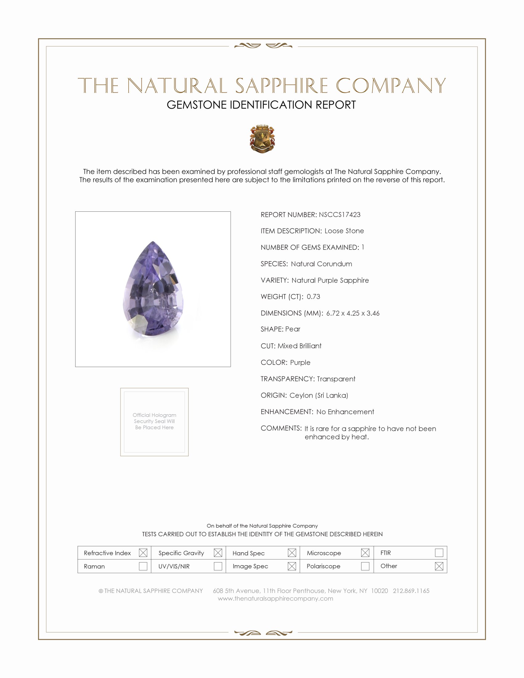 0.73 Ct. Purple Sapphire from Ceylon (Sri Lanka)