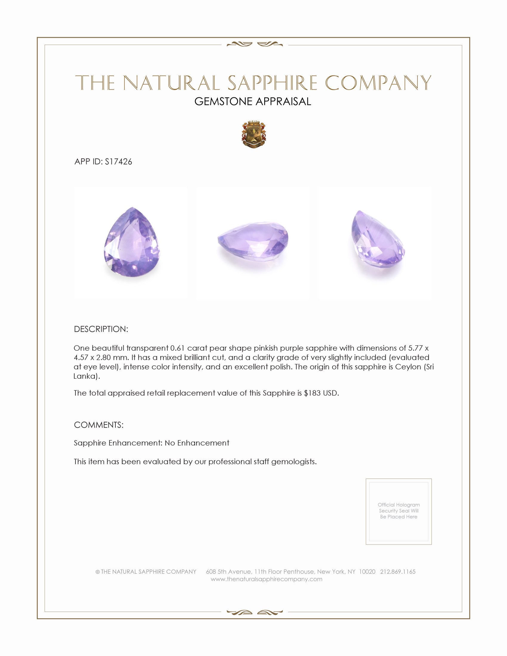 0.61 Ct. Pinkish Purple Sapphire from Ceylon (Sri Lanka)