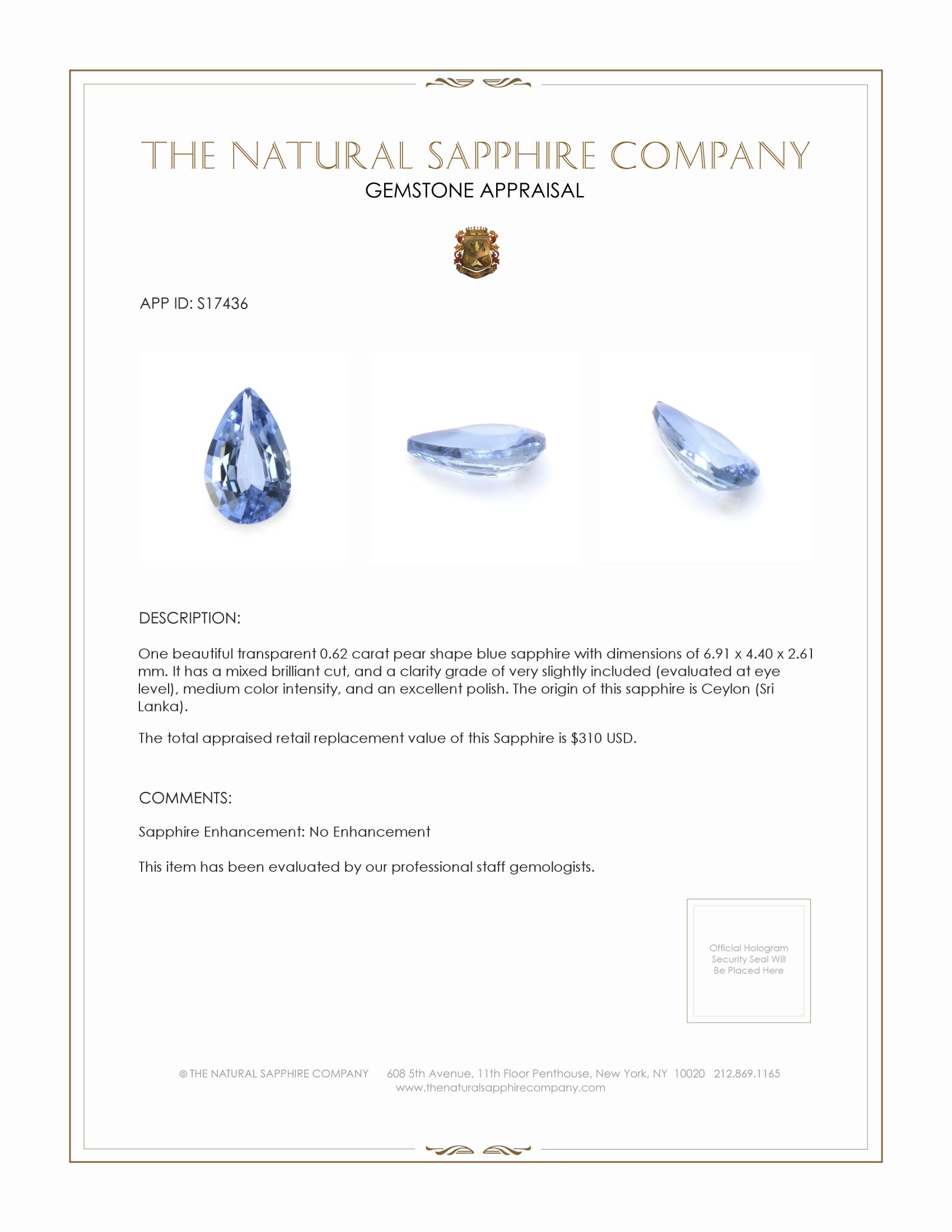 0.62 Ct. Blue Sapphire from Ceylon (Sri Lanka)