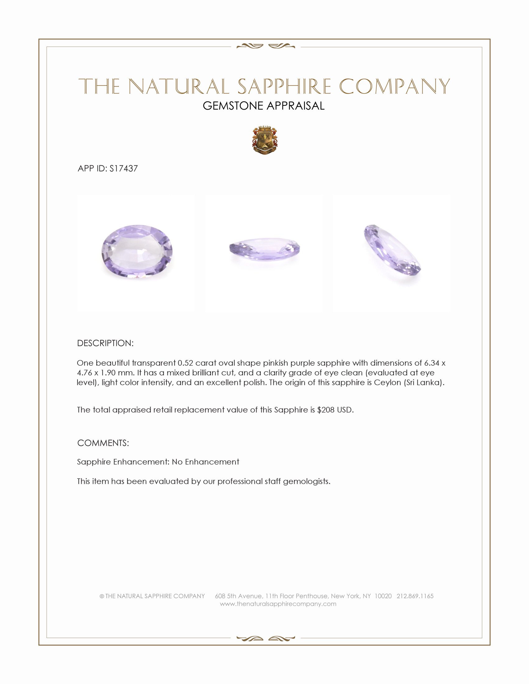 0.52 Ct. Pinkish Purple Sapphire from Ceylon (Sri Lanka)