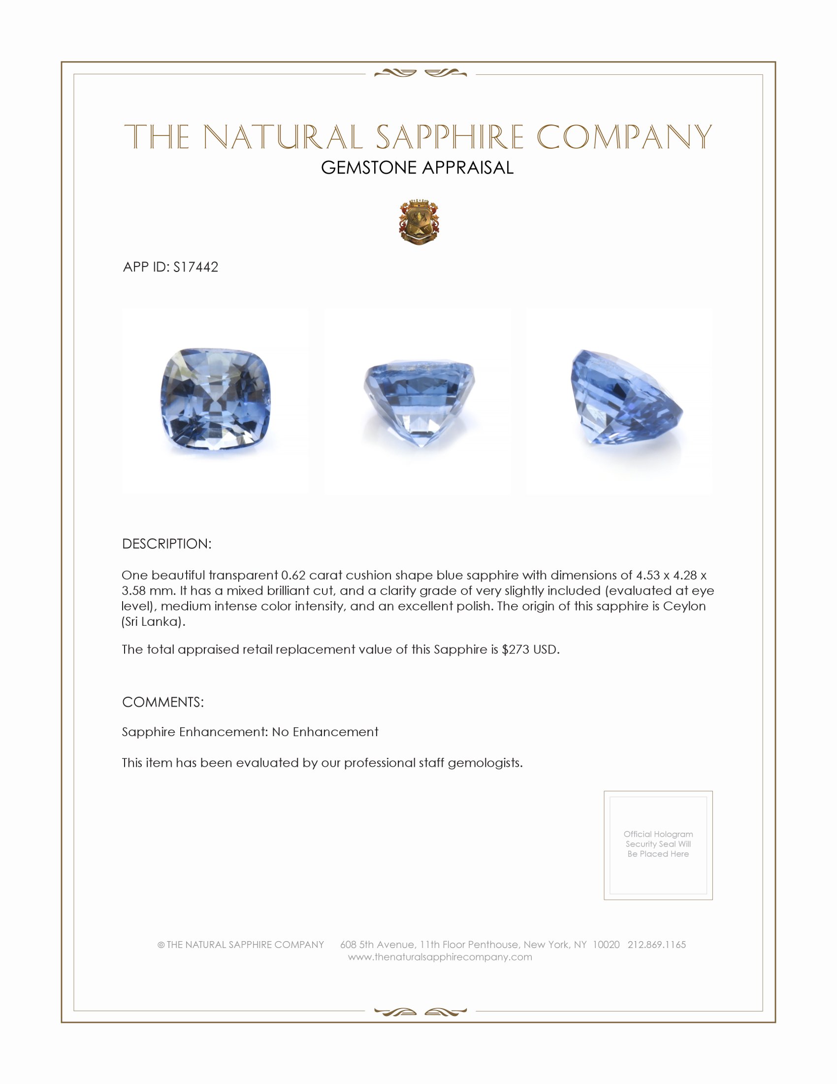 0.62 Ct. Blue Sapphire from Ceylon (Sri Lanka)