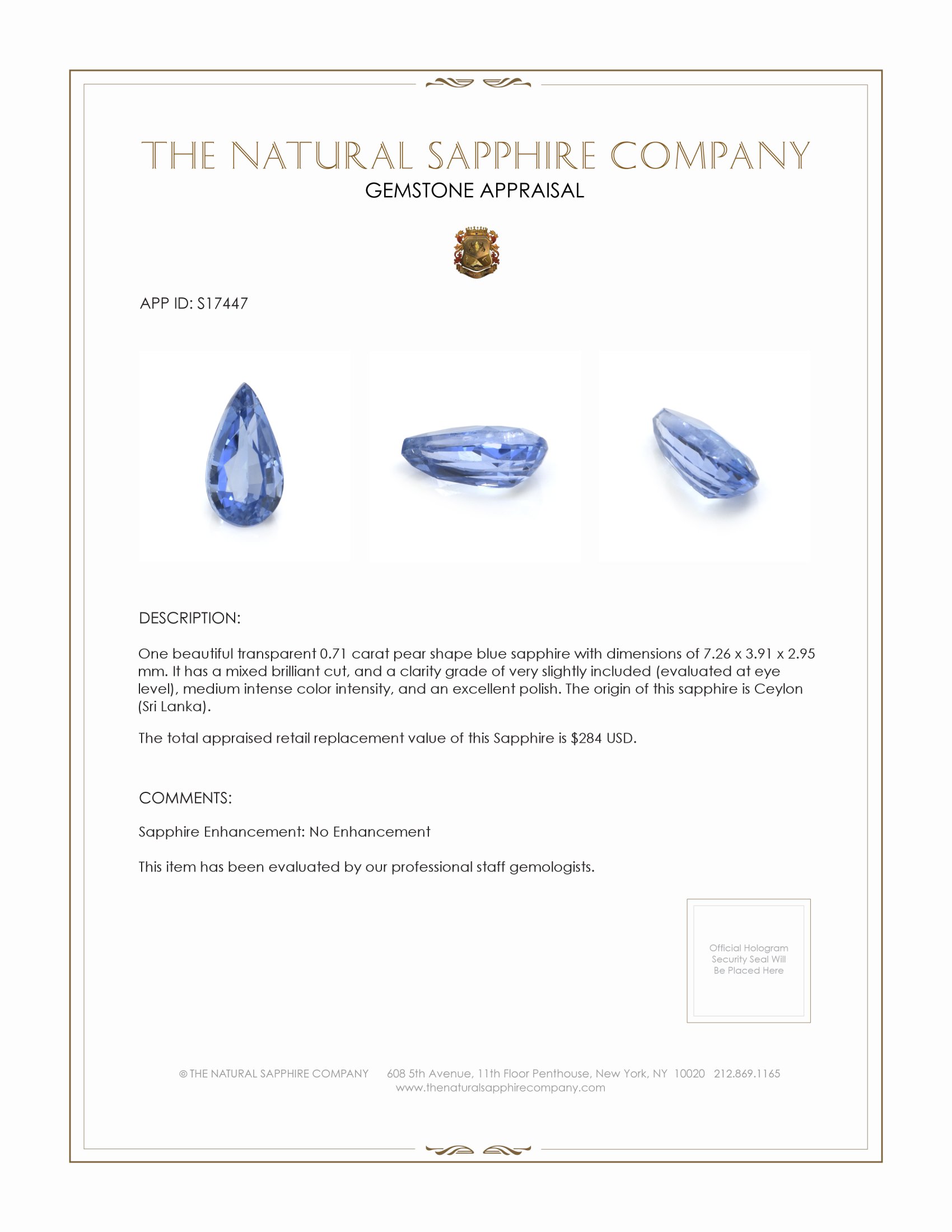 0.71 Ct. Blue Sapphire from Ceylon (Sri Lanka)