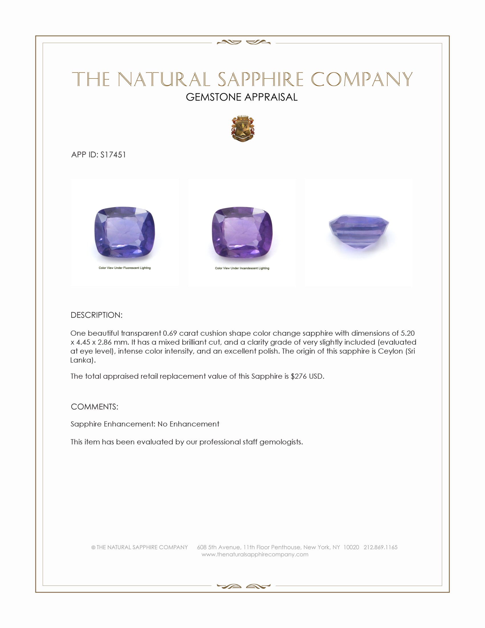 0.69 Ct. Color Change Sapphire from Ceylon (Sri Lanka)