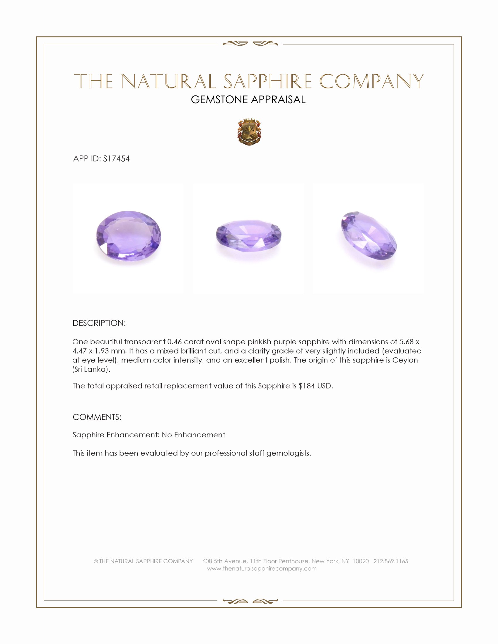 0.46 Ct. Pinkish Purple Sapphire from Ceylon (Sri Lanka)