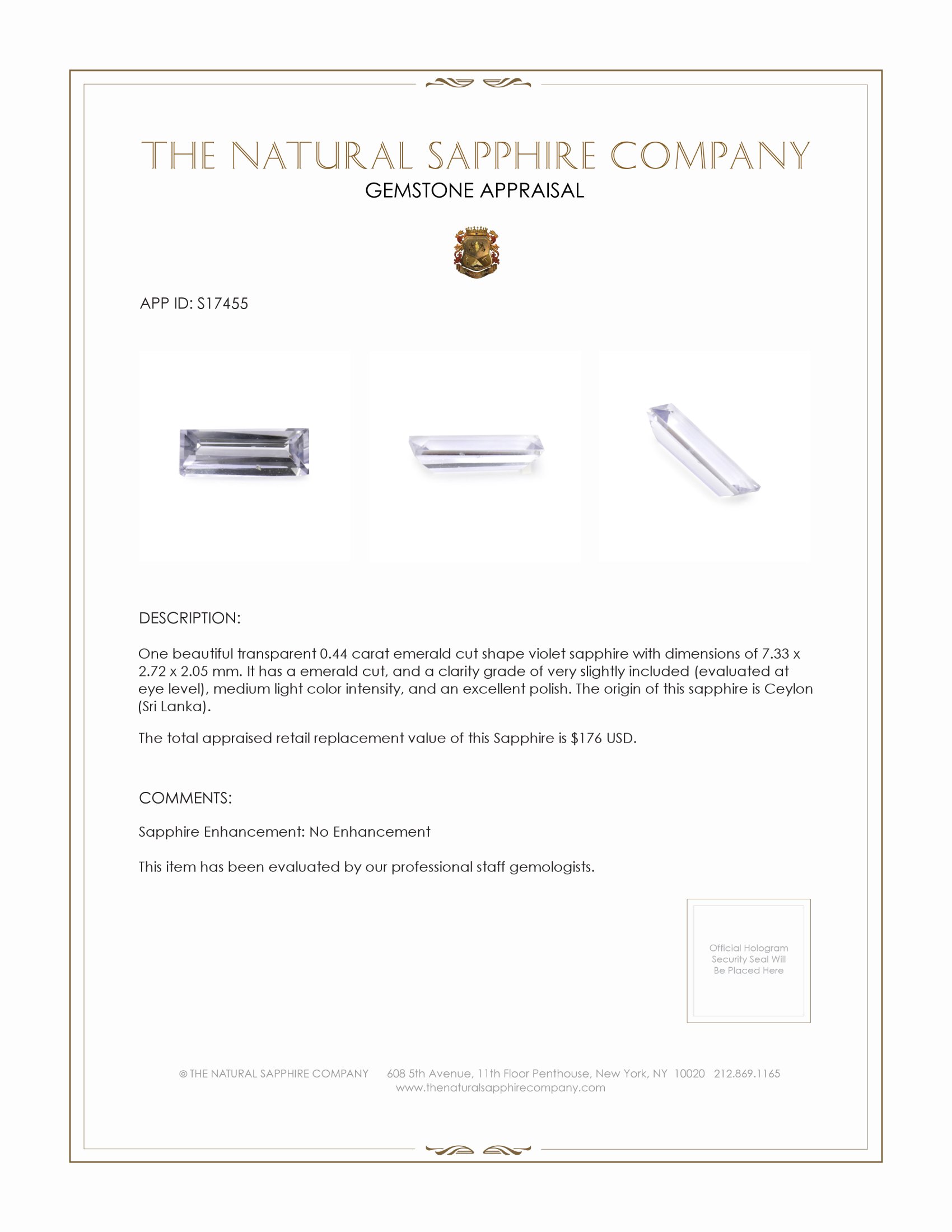 0.44 Ct. Violet Sapphire from Ceylon (Sri Lanka)