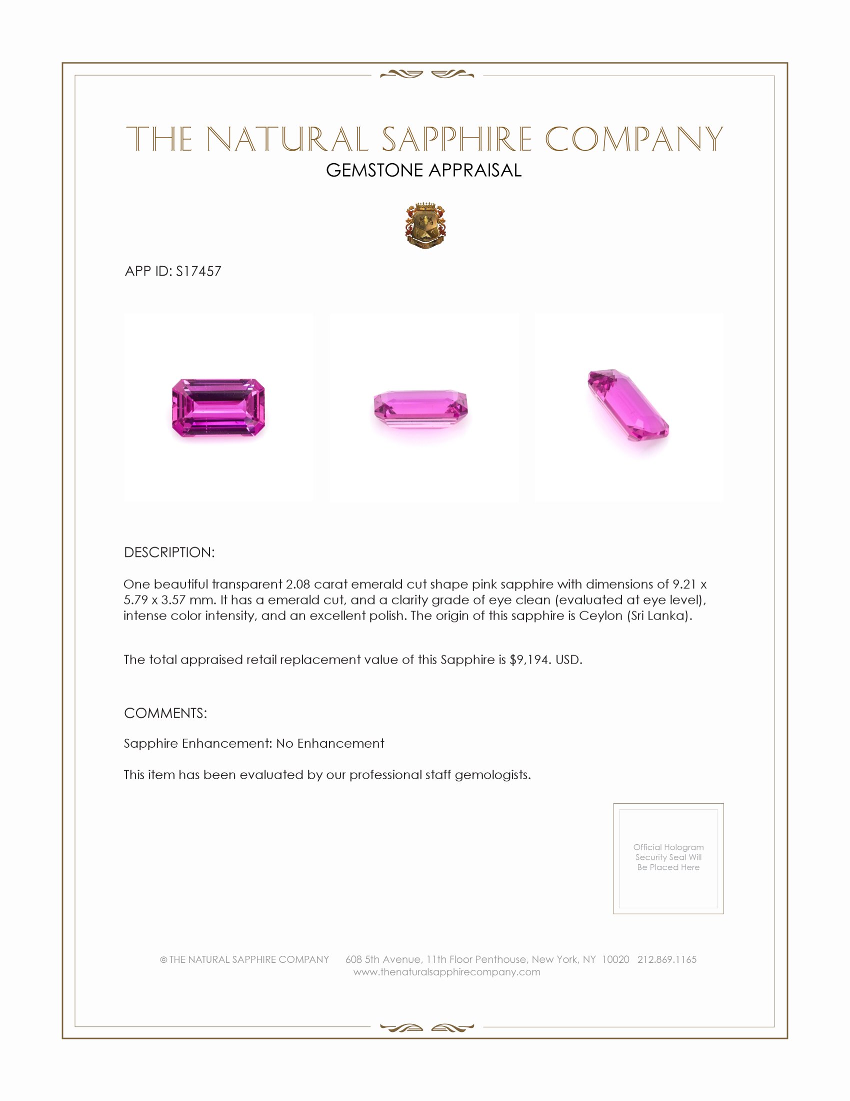 2.08 Ct. Pink Sapphire from Madagascar
