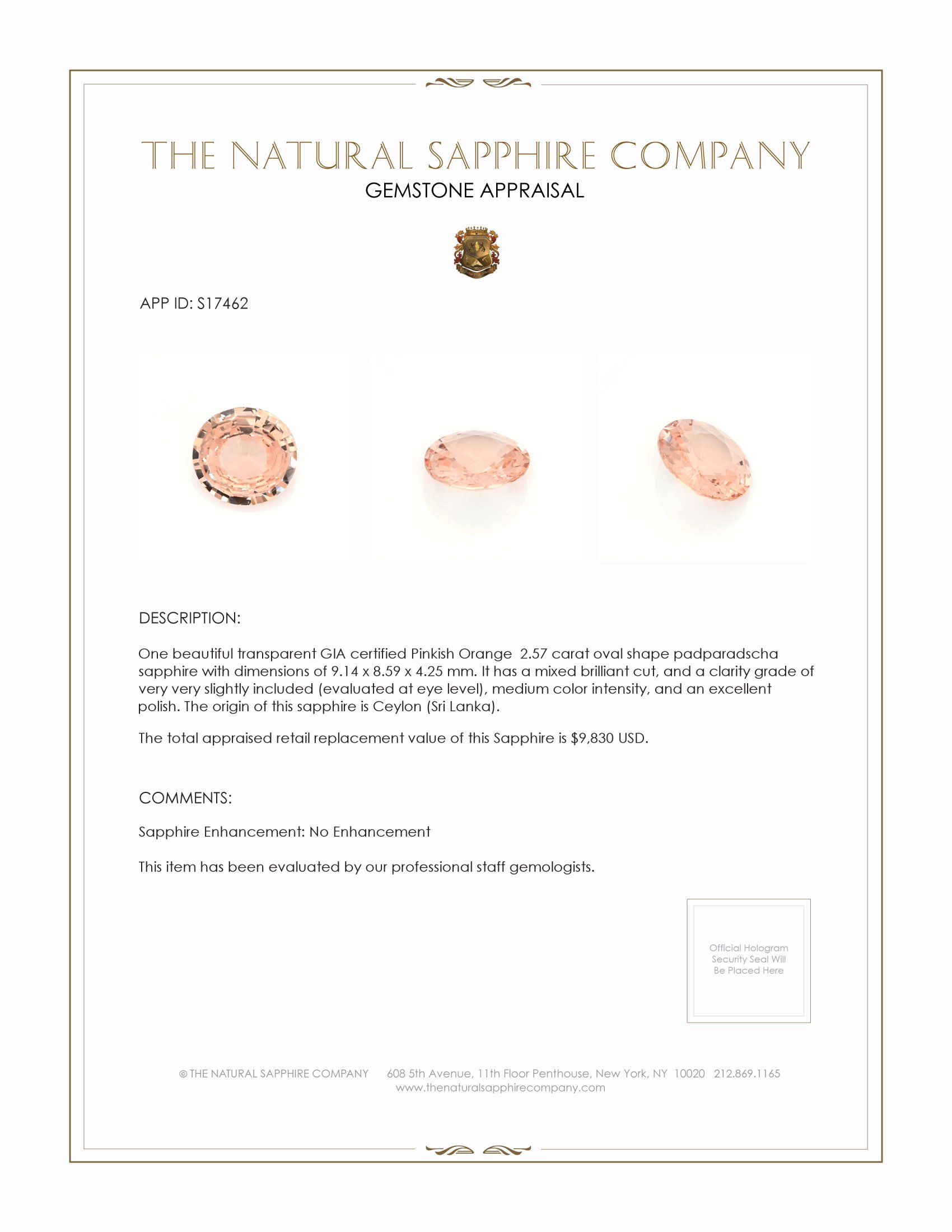 2.57 Ct. Padparadscha Sapphire from Ceylon (Sri Lanka)