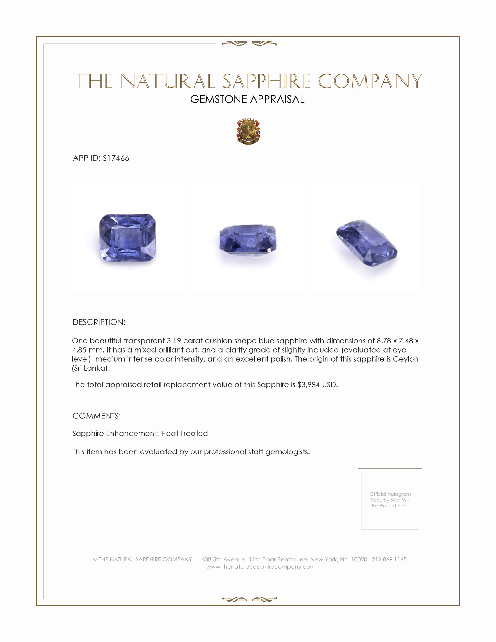 3.19 Ct. Purplish Blue Sapphire from Ceylon (Sri Lanka)