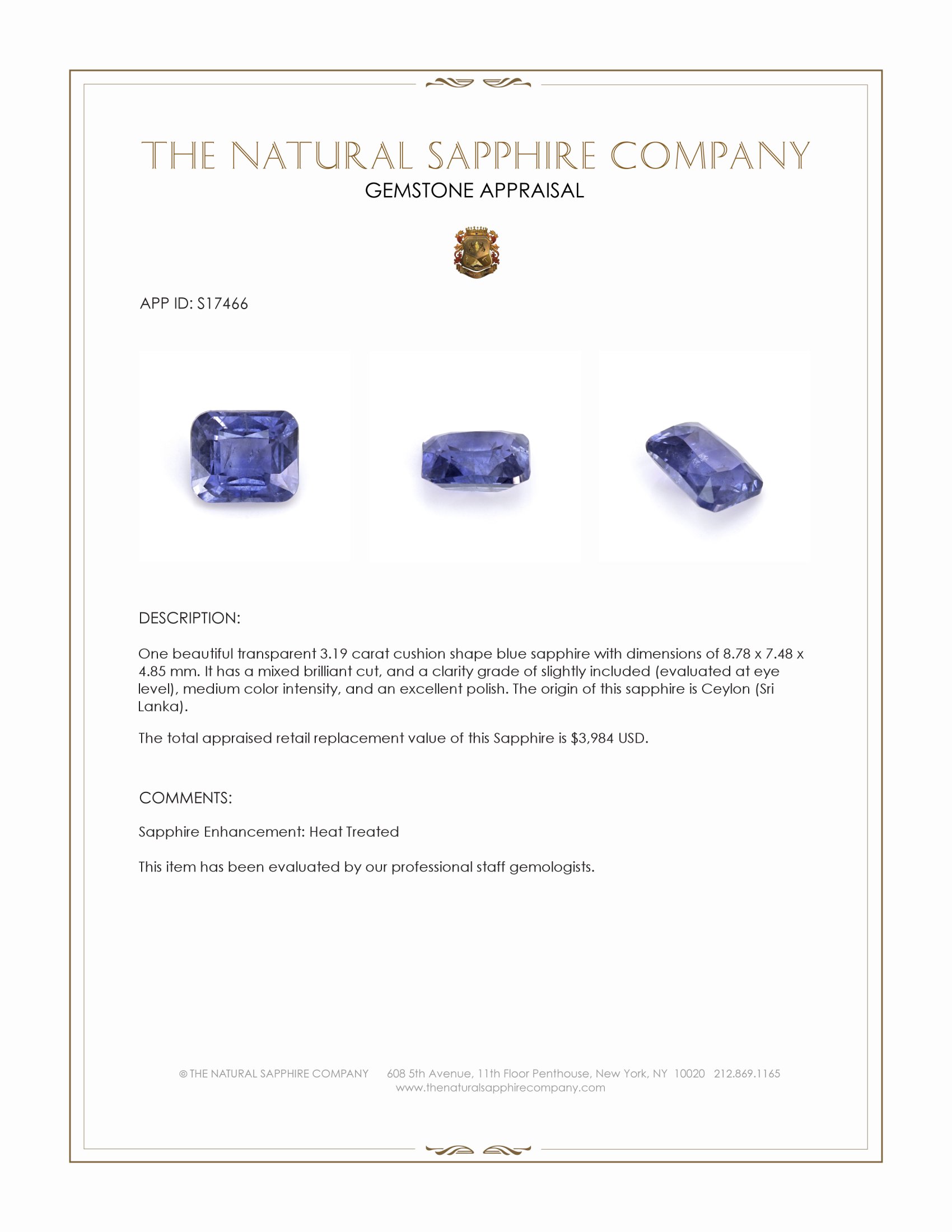 3.19 Ct. Blue Sapphire from Ceylon (Sri Lanka)